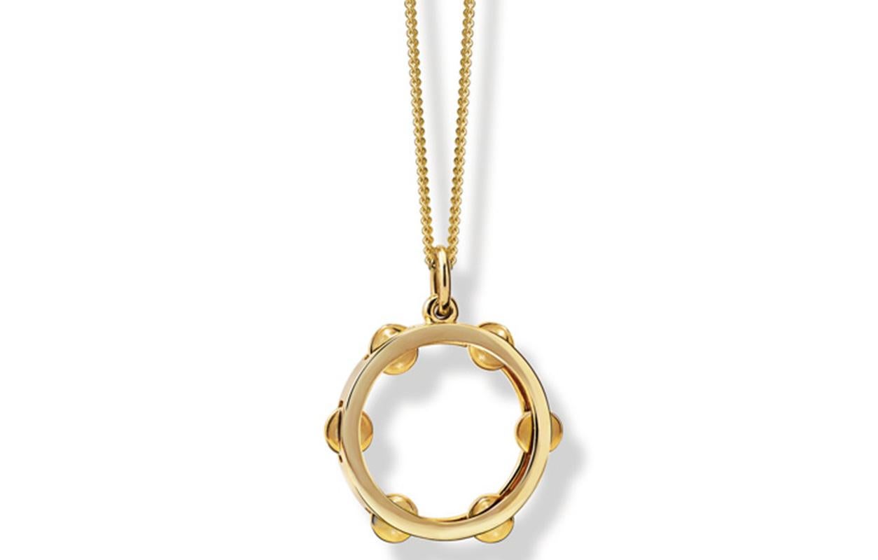 Pandeiro necklace pendant in 9ct yellow gold - inspired by the musical instrument of the same name that was brought to Brazil by Portuguese settlers and known locally as a Pandeiro.