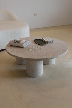 Round Top Beige Travertine Decorative Low Tripod Coffee Table by Beije Avenue