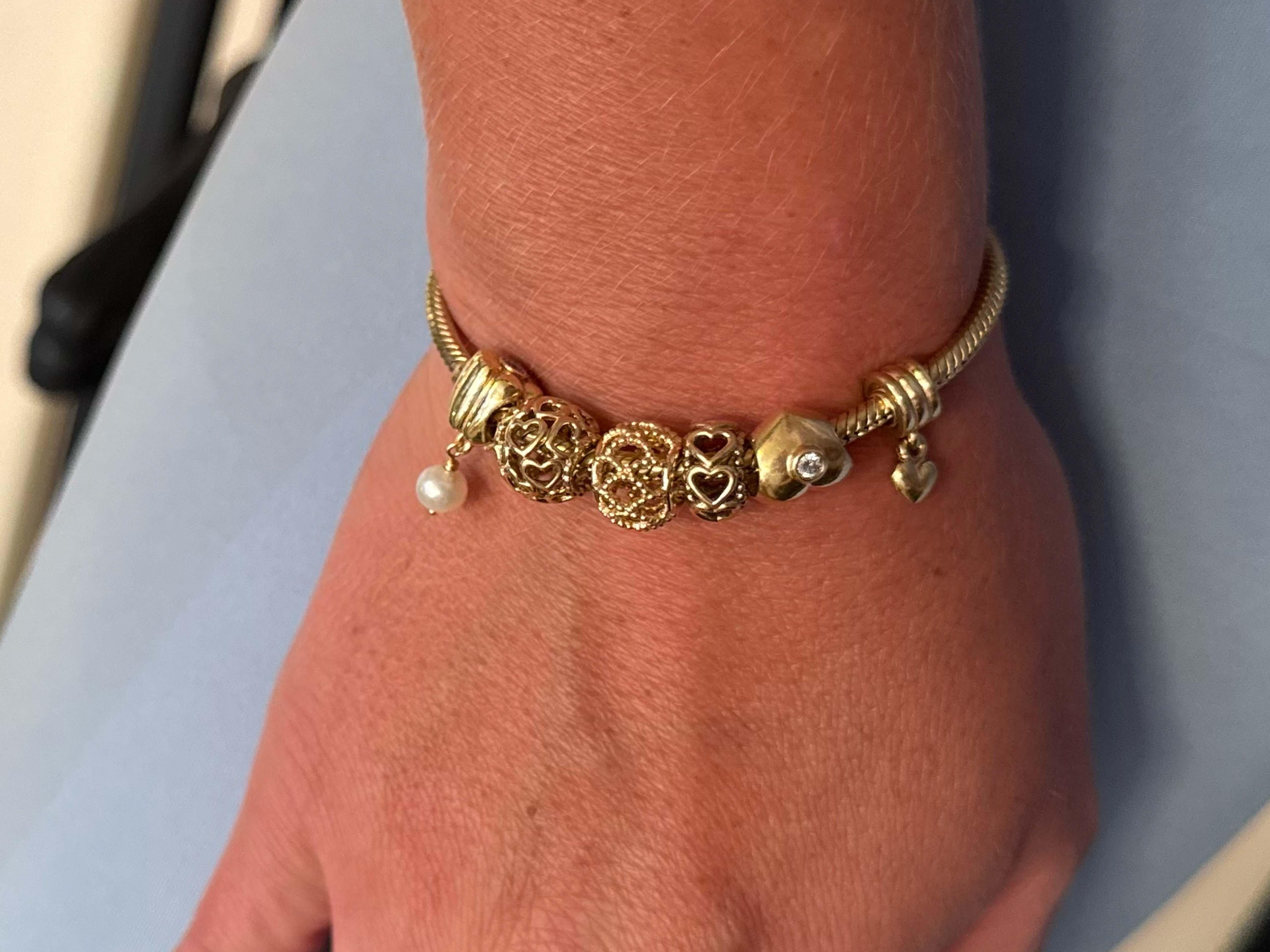 Pandora 14k Solid Yellow Gold 6 Charm Diamond Heart Bracelet For Sale 4