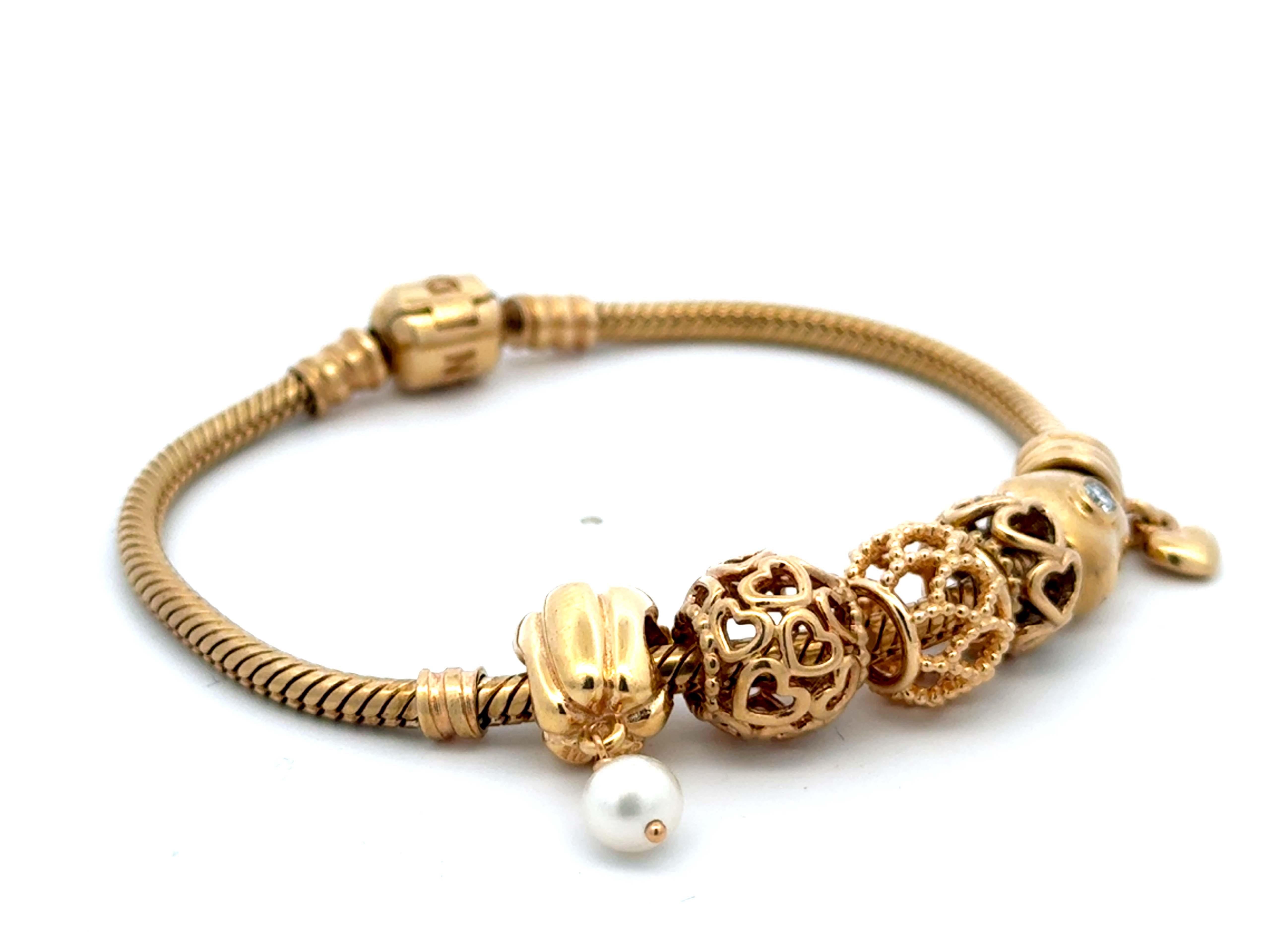 Modern Pandora 14k Solid Yellow Gold 6 Charm Diamond Heart Bracelet For Sale