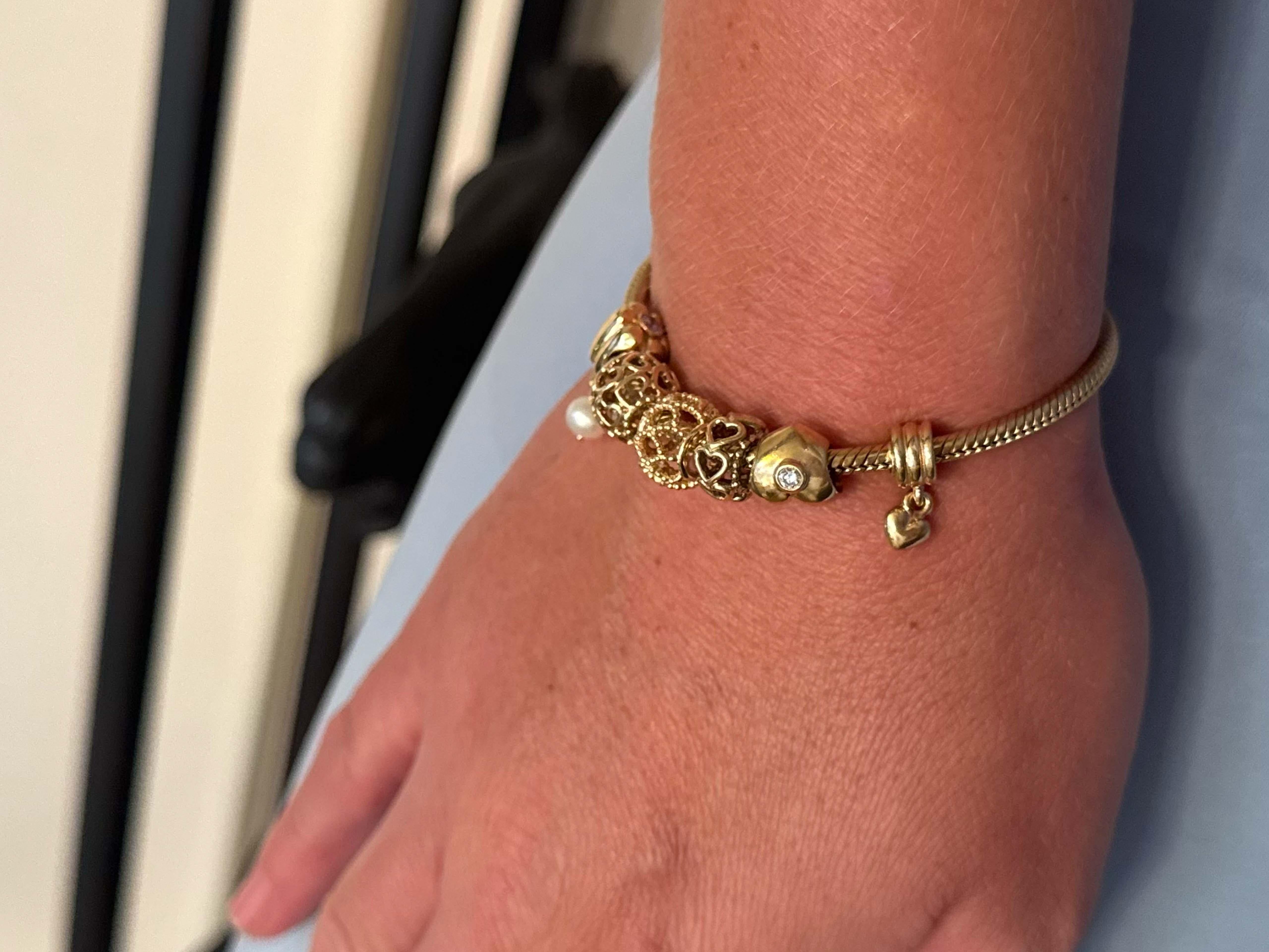 Brilliant Cut Pandora 14k Solid Yellow Gold 6 Charm Diamond Heart Bracelet For Sale