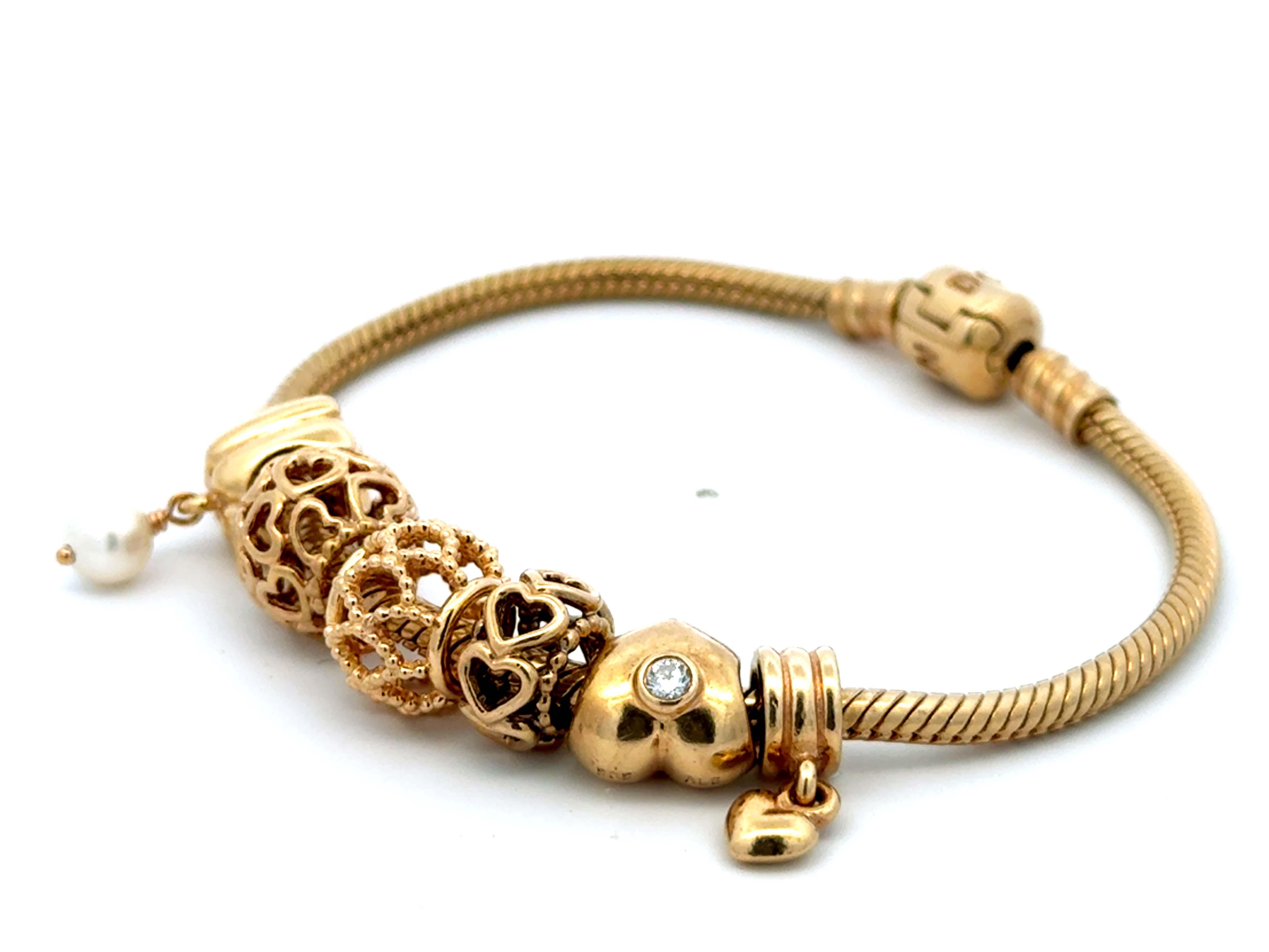 Pandora 14k Solid Yellow Gold 6 Charm Diamond Heart Bracelet In Excellent Condition For Sale In Honolulu, HI