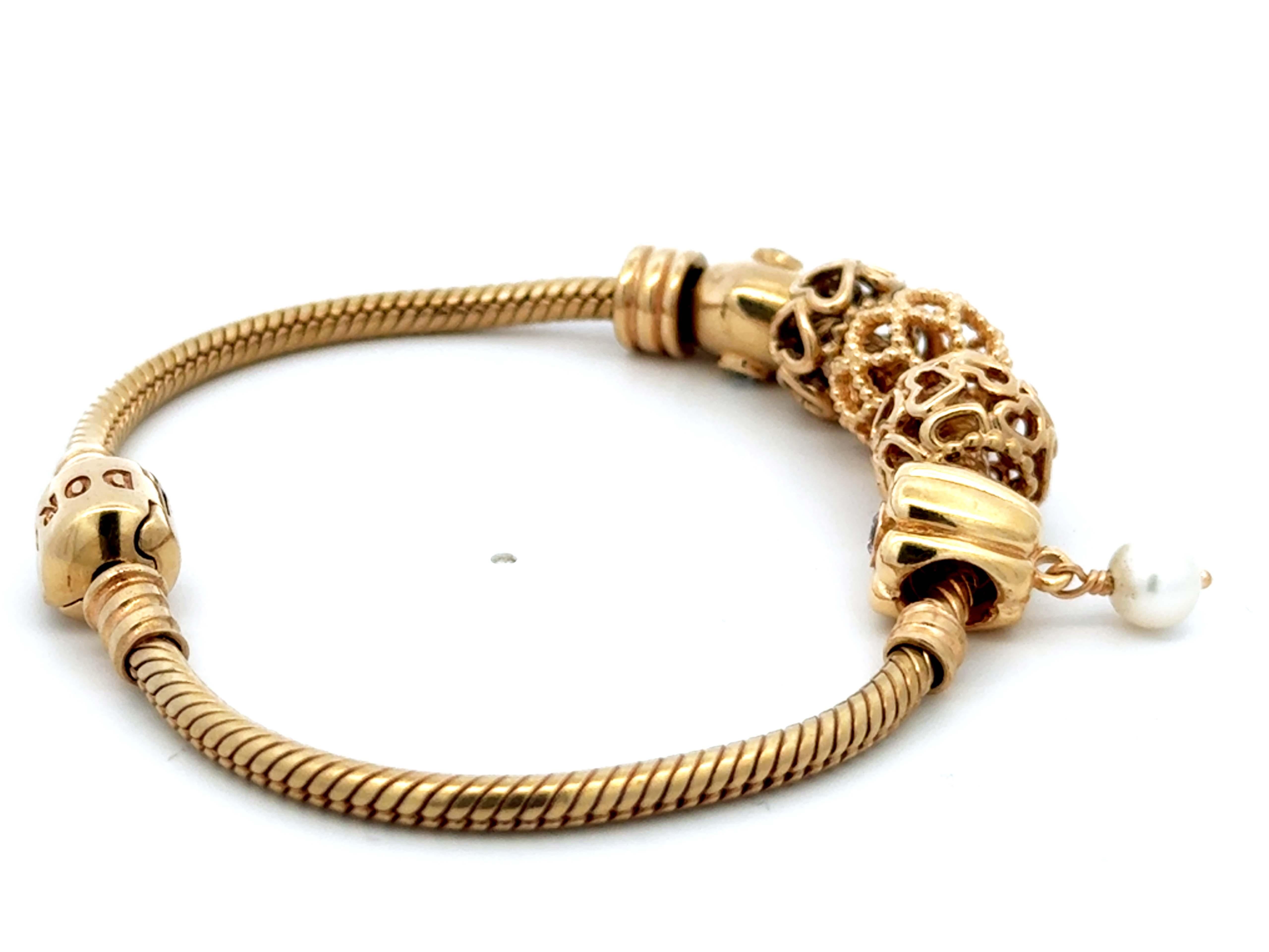 Women's Pandora 14k Solid Yellow Gold 6 Charm Diamond Heart Bracelet For Sale