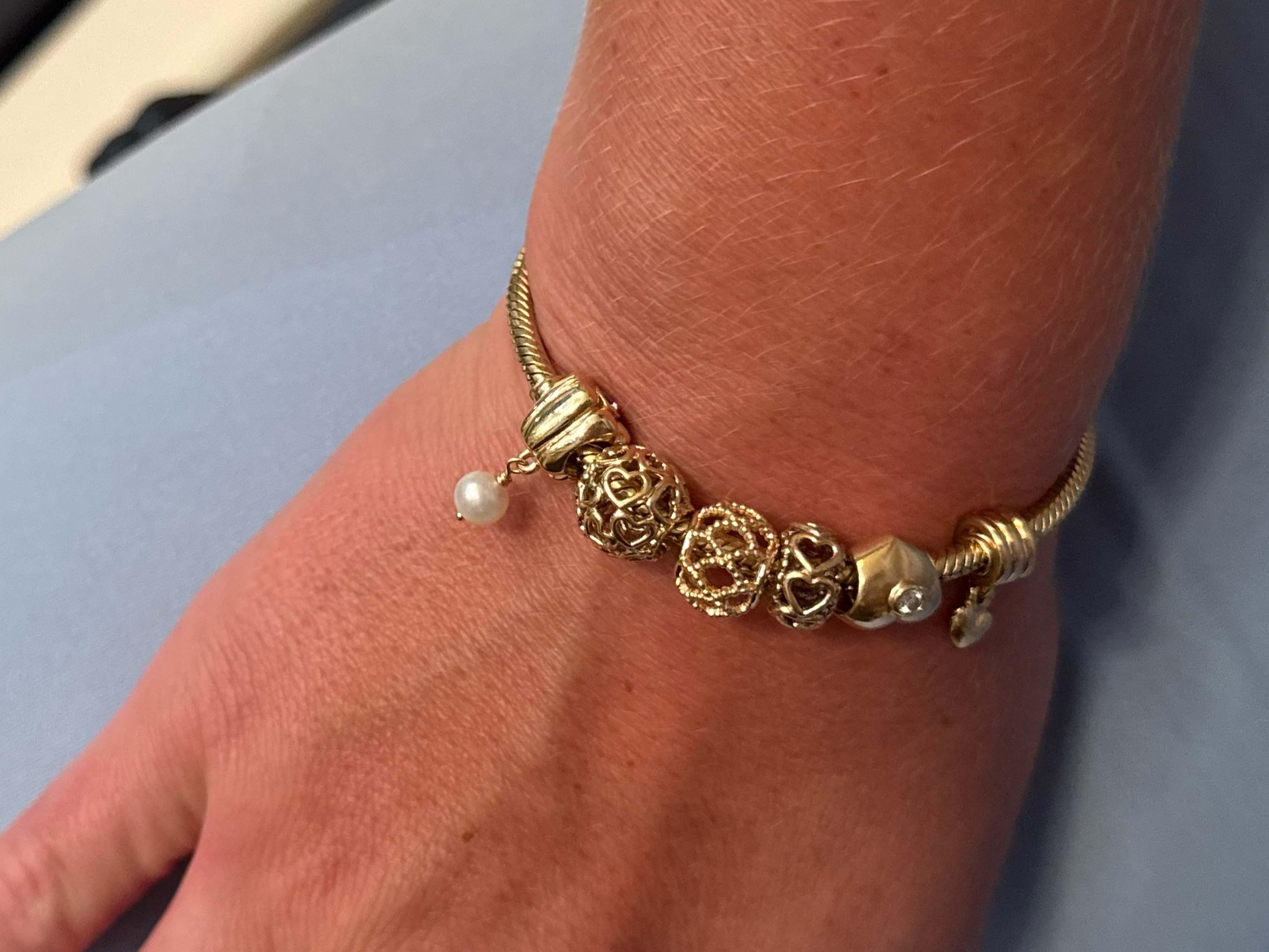 Pandora 14k Solid Yellow Gold 6 Charm Diamond Heart Bracelet For Sale 1