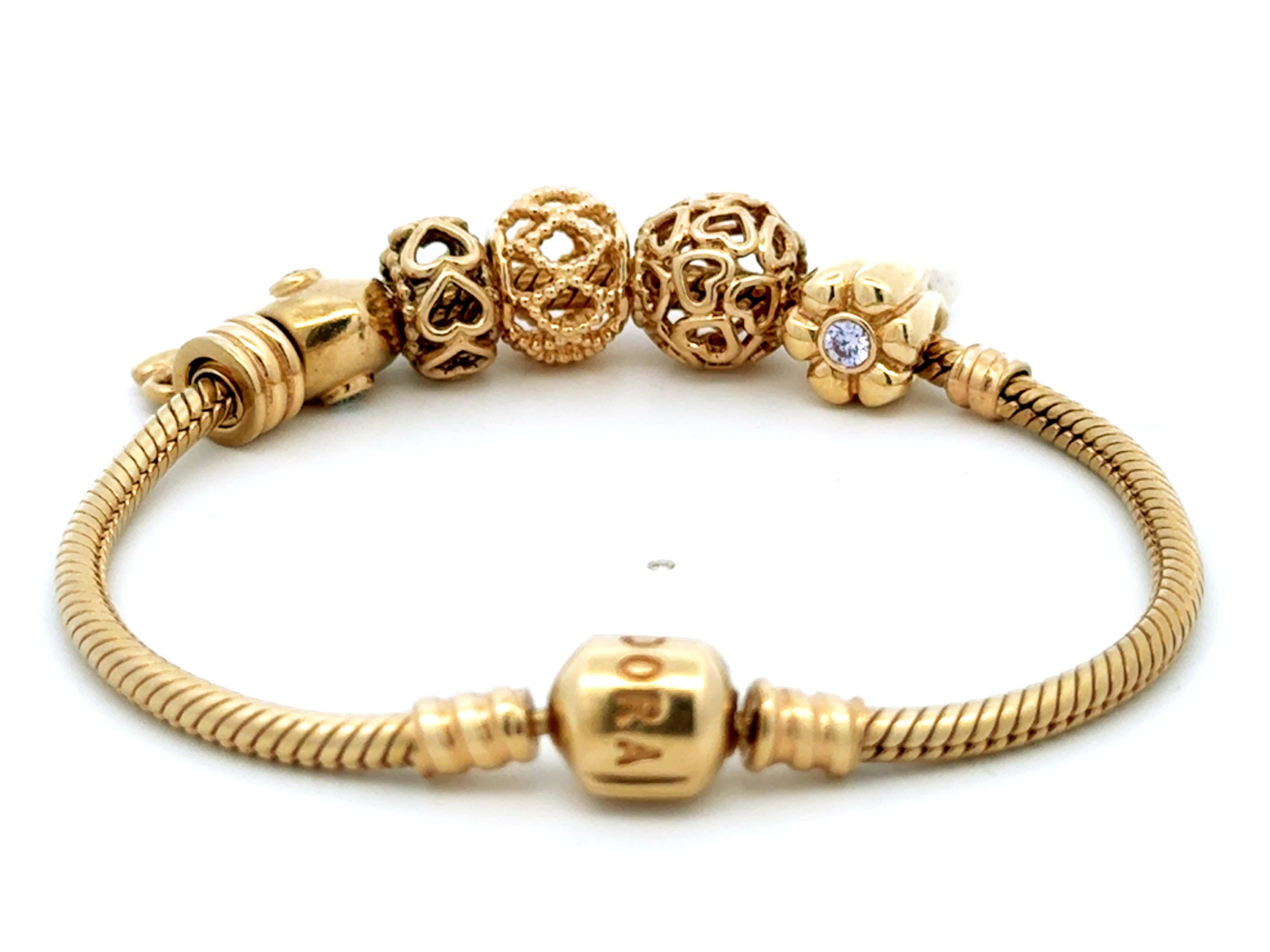Pandora 14k Solid Yellow Gold 6 Charm Diamond Heart Bracelet For Sale 3