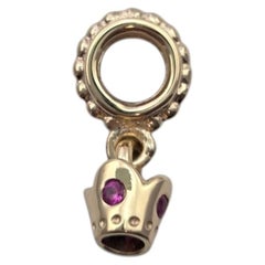 Pandora 14K Yellow Gold Crown Dangle Charm Pink Sapphires #750434PSA #24820