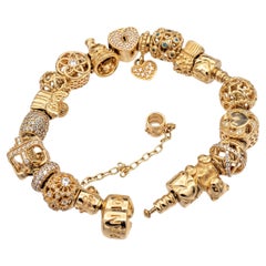 Pandora 14K Yellow Solid Gold Moments 19 Charms Snake Chain Bracelet 7" Long
