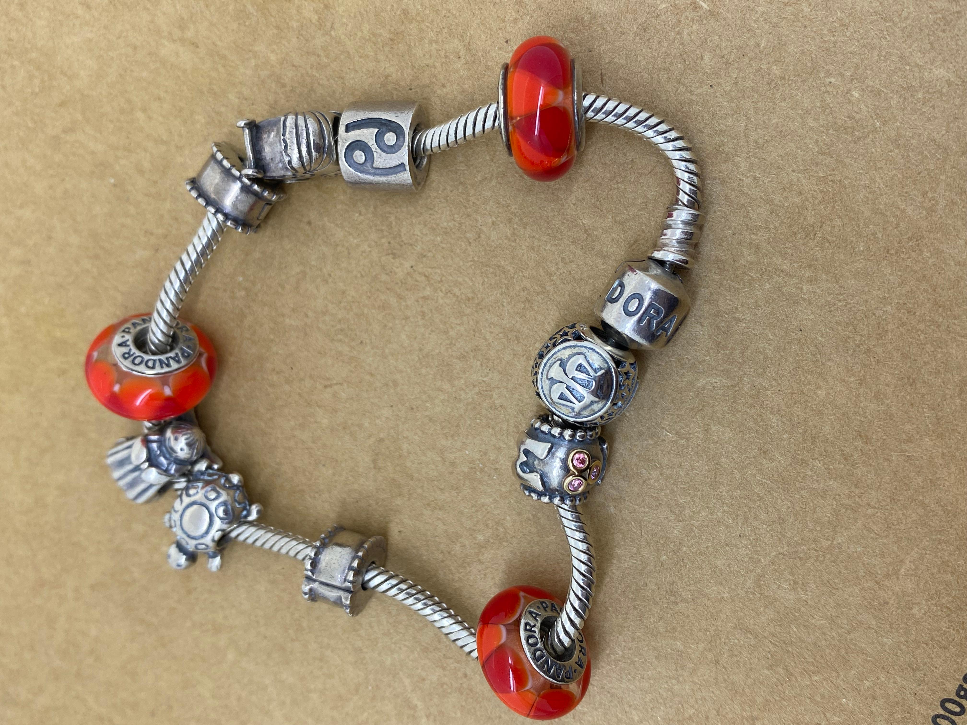 Pandora 925 Sterling Silver Charm Bracelet, 11 Charms, inc. Murano Glass Charms. For Sale 2