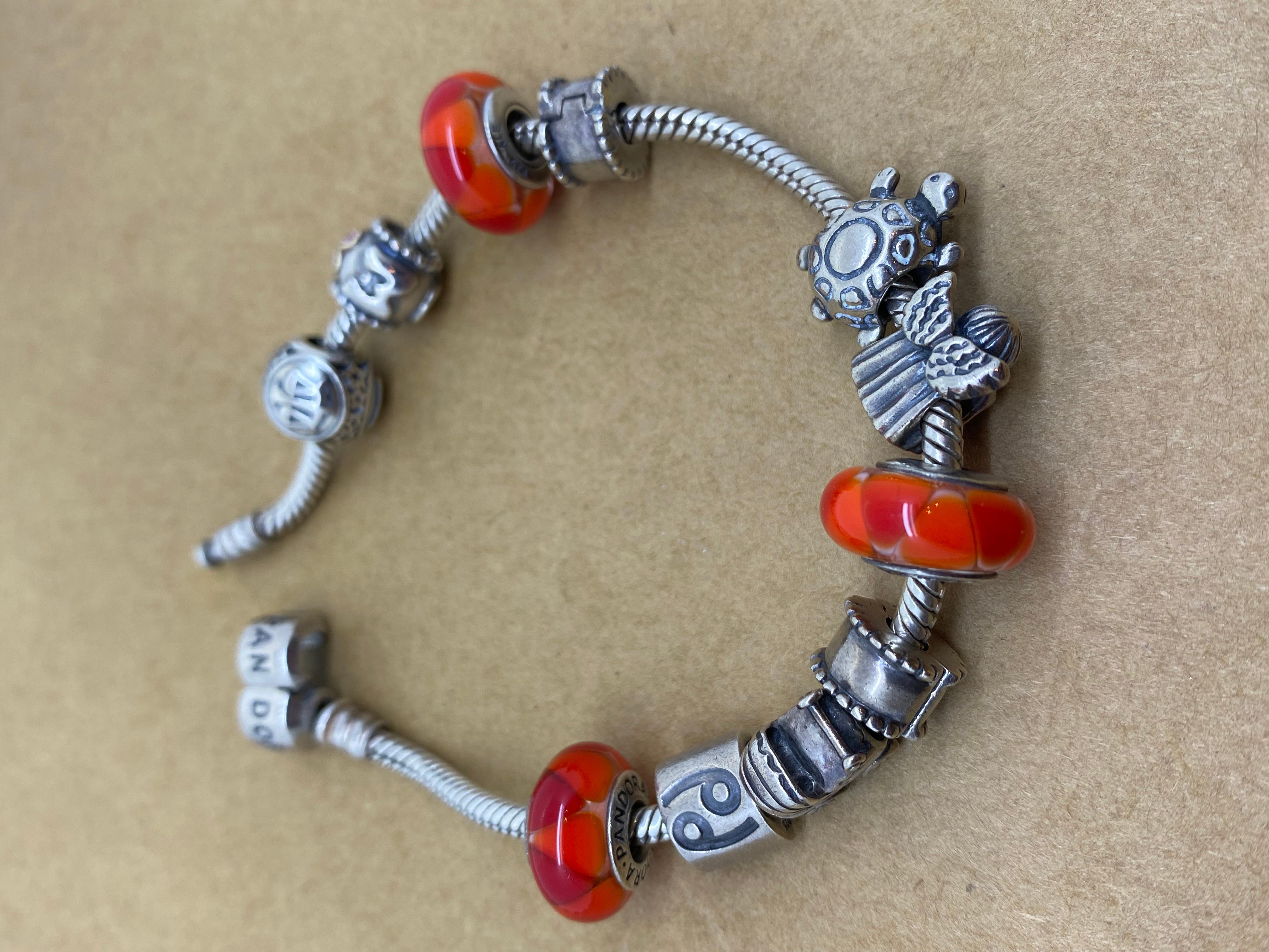 Pandora 925 Sterling Silver Charm Bracelet, 11 Charms, inc. Murano Glass Charms. For Sale 3