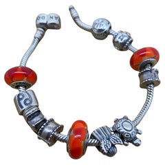 Pandora 925 Sterling Silver Charm Bracelet, 11 Charms, inc. Murano Glass Charms.