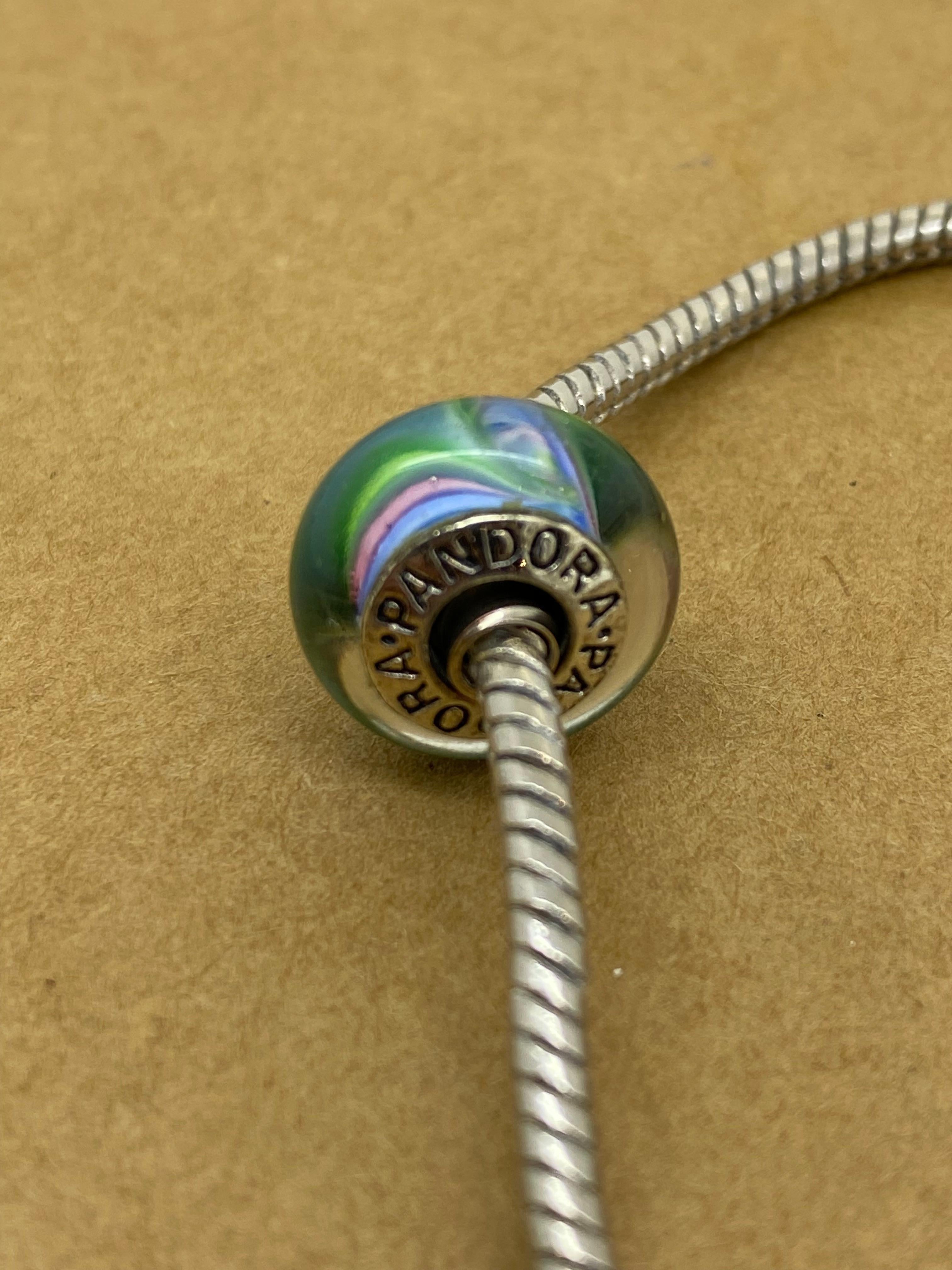 Women's Pandora 925 Sterling Silver Charm Bracelet, 2 Charms, inc. Murano Glass Charm. For Sale