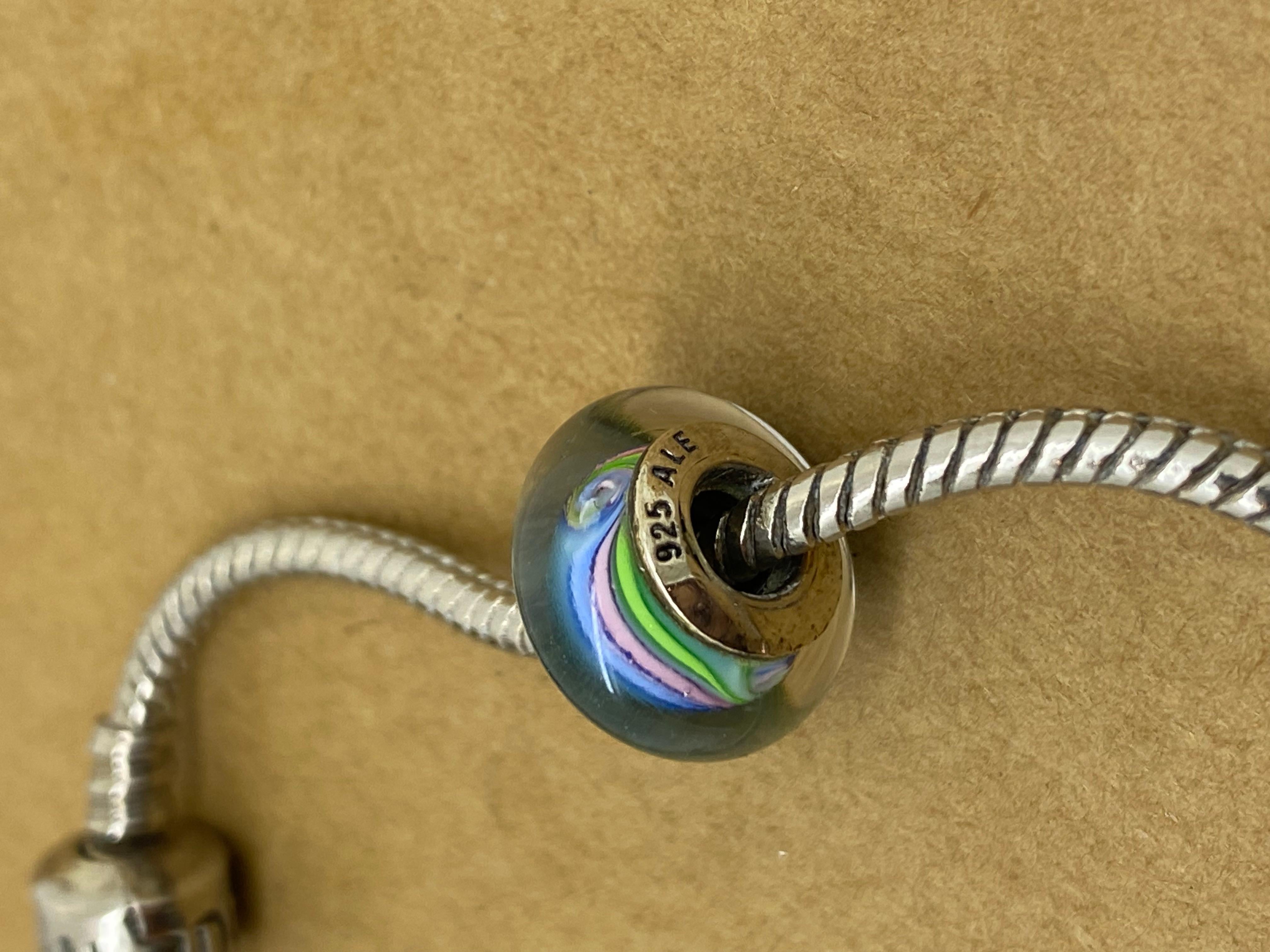 Pandora 925 Sterling Silver Charm Bracelet, 2 Charms, inc. Murano Glass Charm. For Sale 1