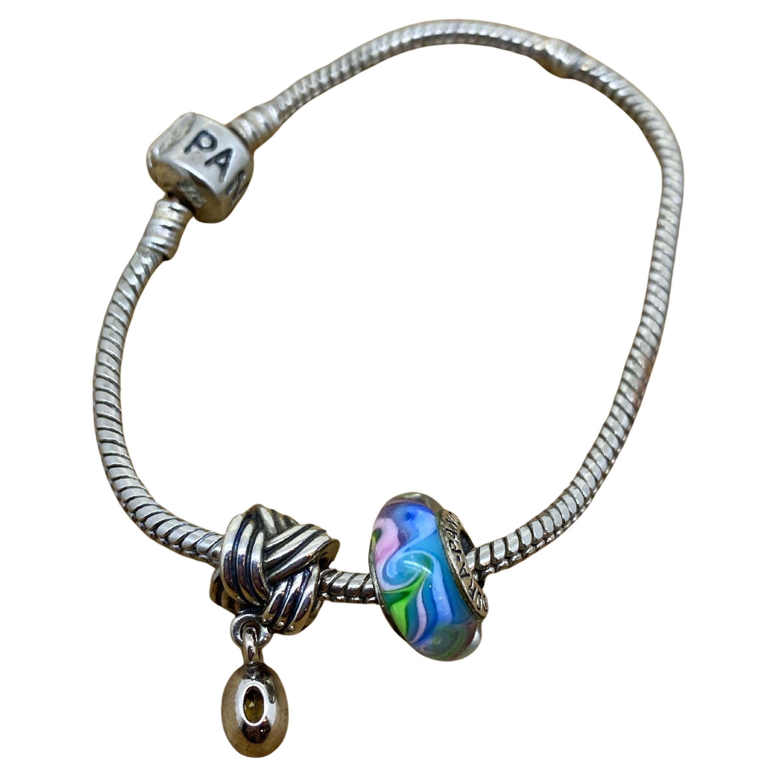 Pandora 925 Sterling Silver Charm Bracelet, 2 Charms, inc. Murano Glass Charm.