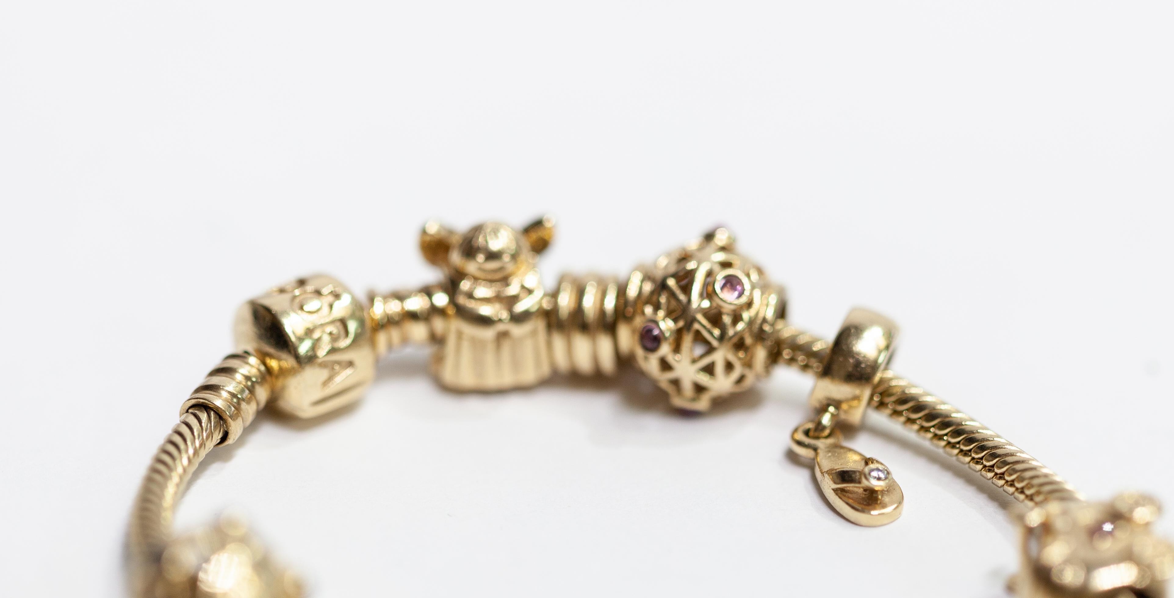 Pandora Charm Bracelet 14 Karat Yellow Gold In Good Condition In Hicksville, NY