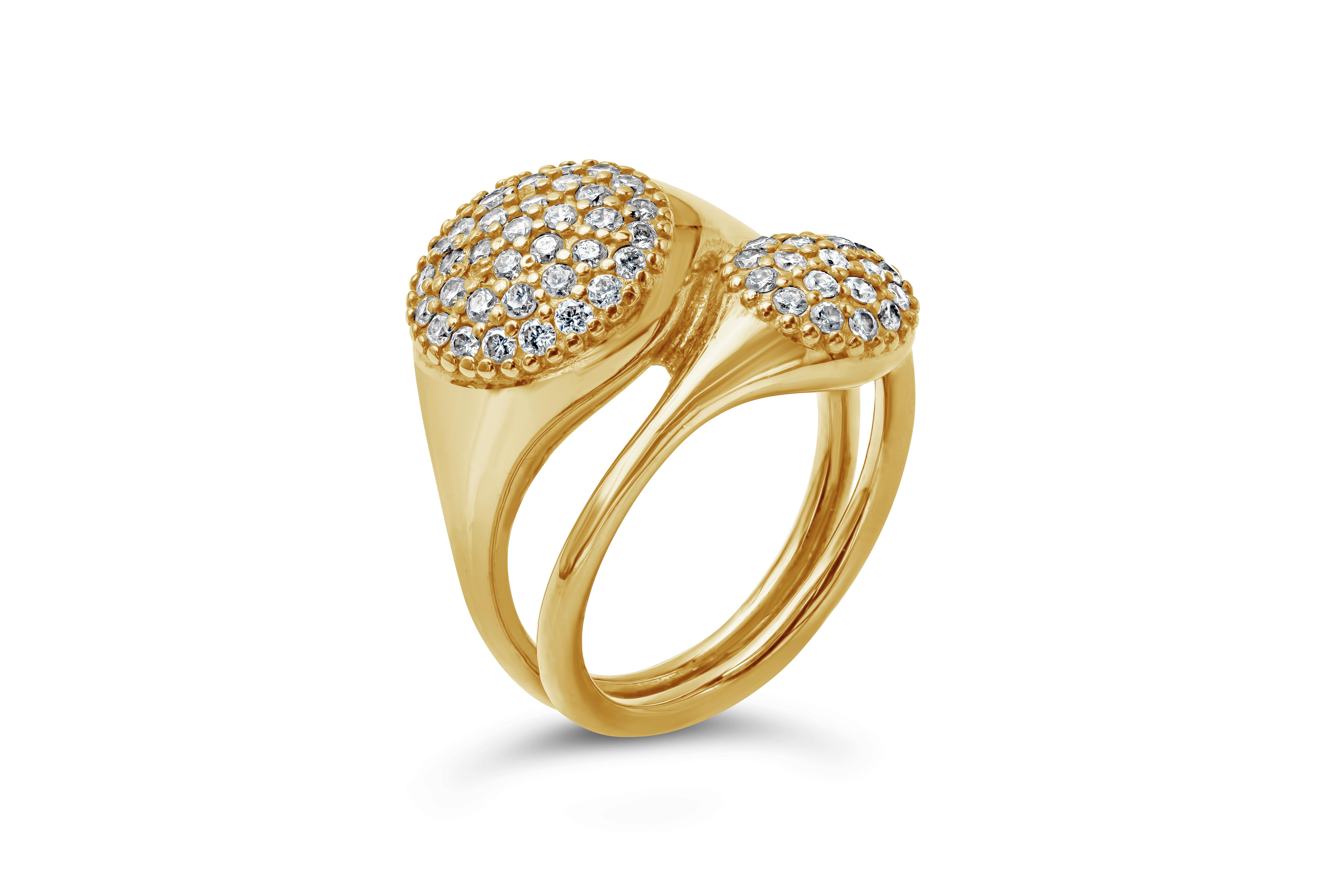 A color-rich fashion ring showcasing round brilliant diamonds, micro-pave set in a bypass setting made in 18k yellow gold. Diamonds weigh approximately 0.56 carats total. Size 5 US. Made and signed by Pandora.