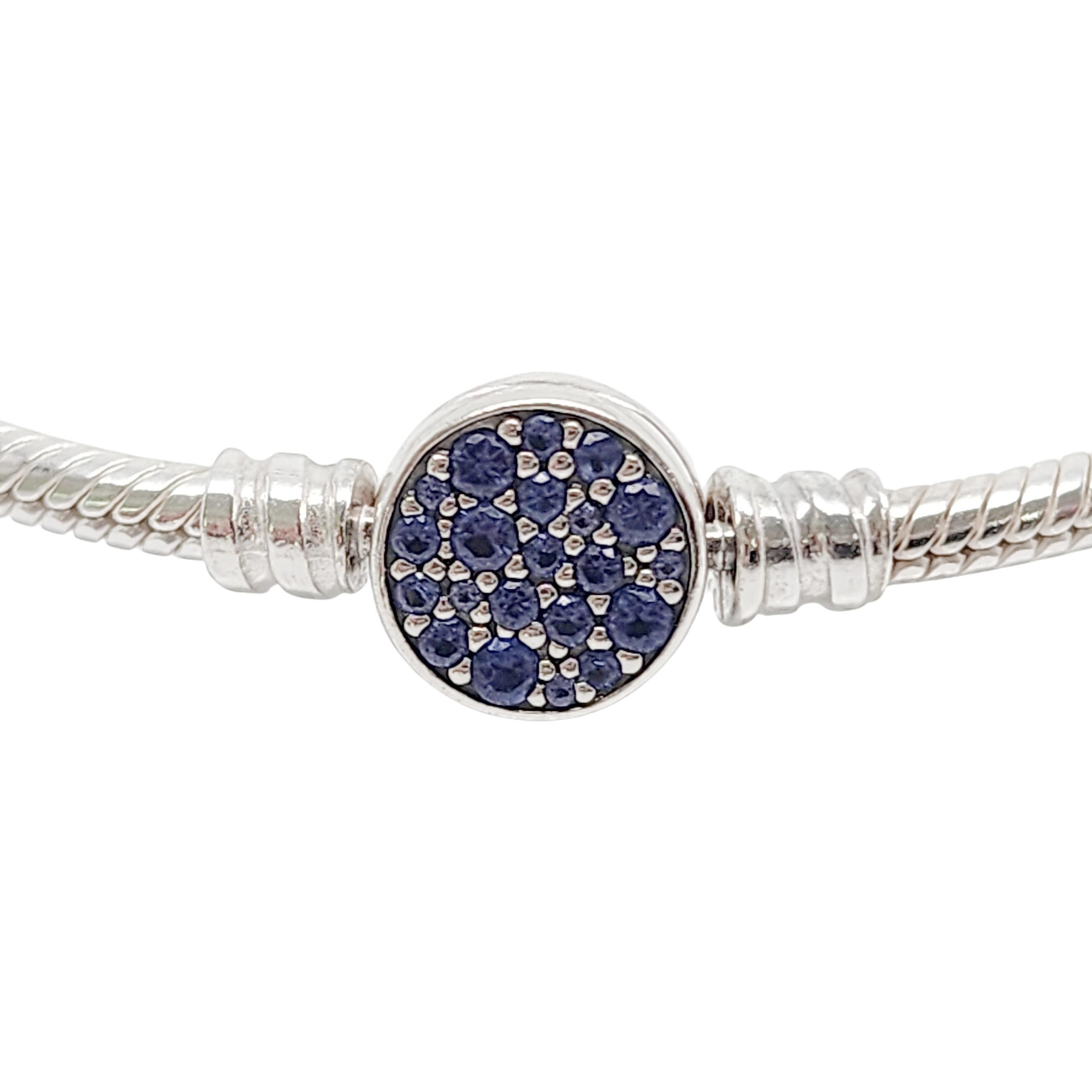 Women's Pandora Moments Sterling Silver Sparkling Blue Disc Clasp Snake Chain #15321 For Sale