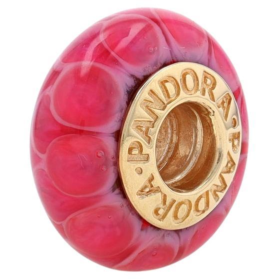 Pandora Pink Lotus Charm - Yellow Gold 14k Murano Glass Bead 750501 For Sale