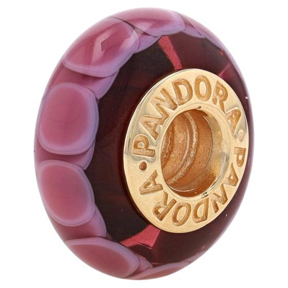 Pandora Purple Lotus Charm - Yellow Gold 14k Bead Murano Glass 750505 For Sale