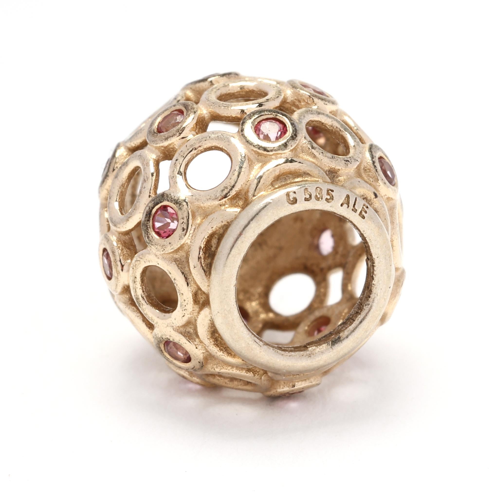 Pandora Red CZ Gold Charm, 14k Yellow Gold, Authentic Pandora Charm In Good Condition For Sale In McLeansville, NC
