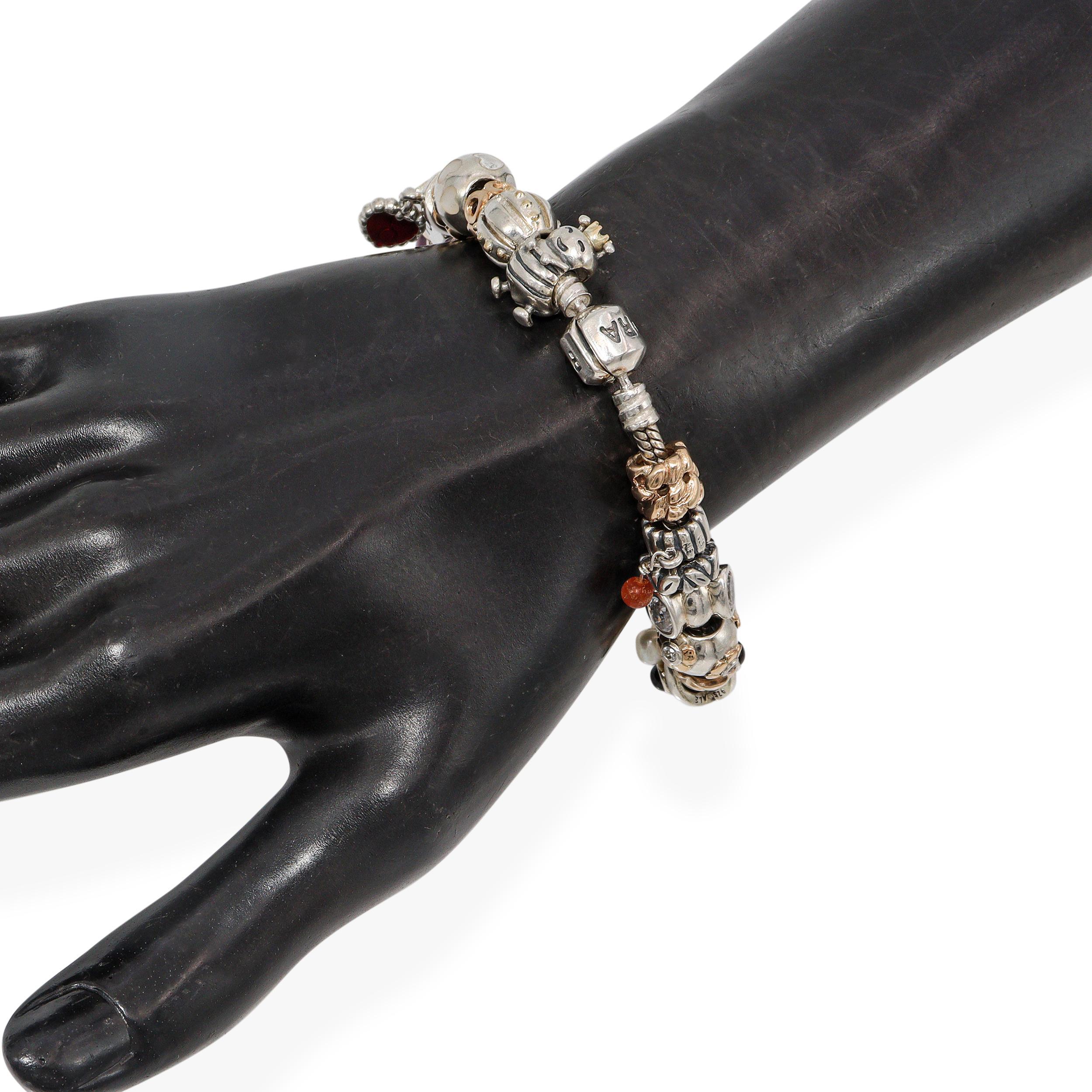 Taille mixte Pandora Sterling Silver & 14K Gold Love Heart Soccer Ball 25 Charms Bracelet en vente