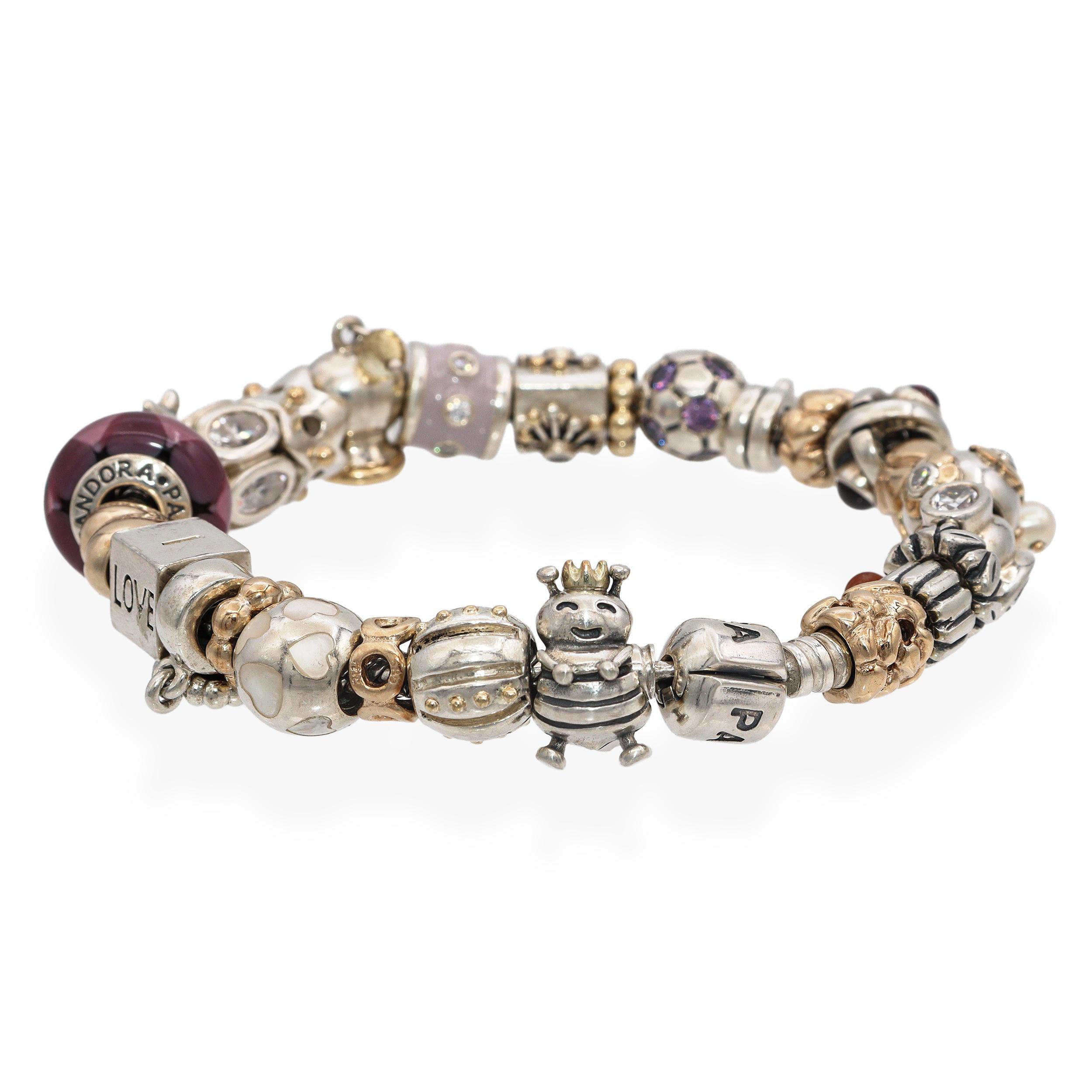 Pandora Sterling Silver & 14K Gold Love Heart Soccer Ball 25 Charms Bracelet Bon état - En vente à New York, NY