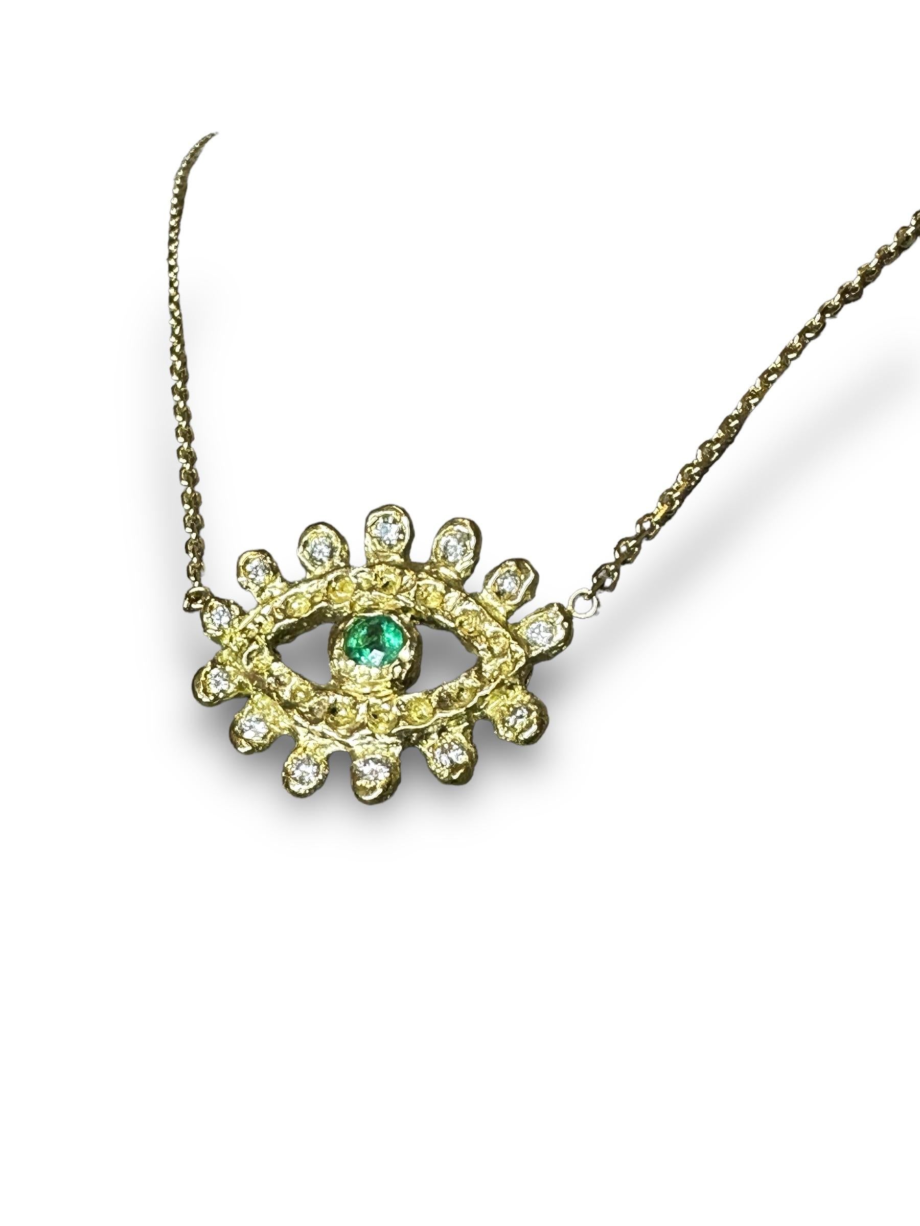 Brilliant Cut Emerald Evil Eye Necklace with Diamonds in Gold in stock For Sale