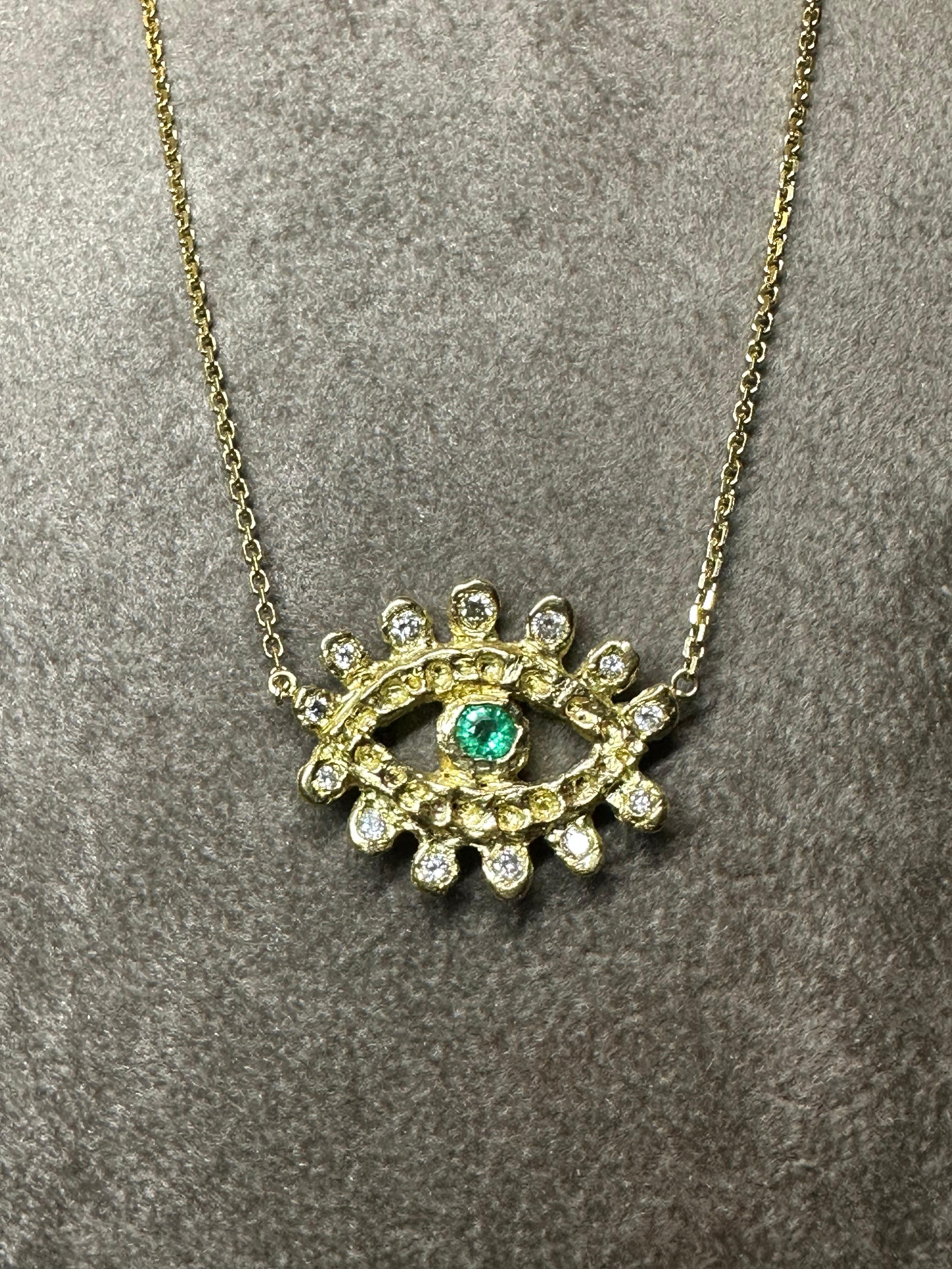 Women's Emerald Evil Eye Necklace with Diamonds in Gold in stock For Sale