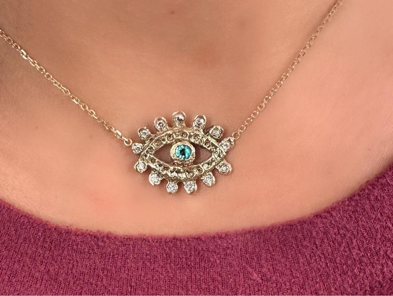 Emerald Evil Eye Necklace with Diamonds in Gold in stock For Sale 1