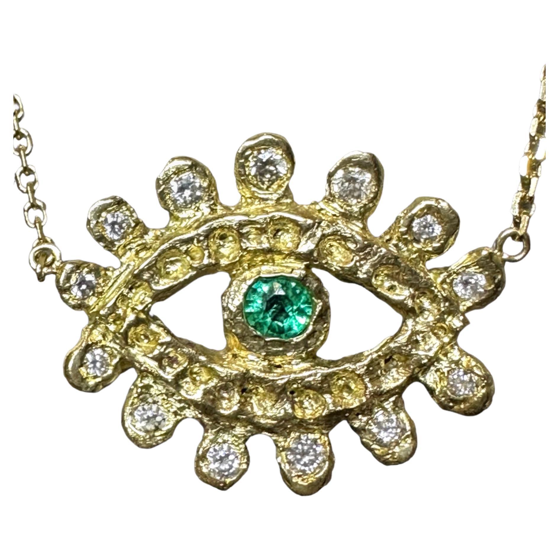 Emerald Evil Eye Necklace with Diamonds in Gold in stock For Sale