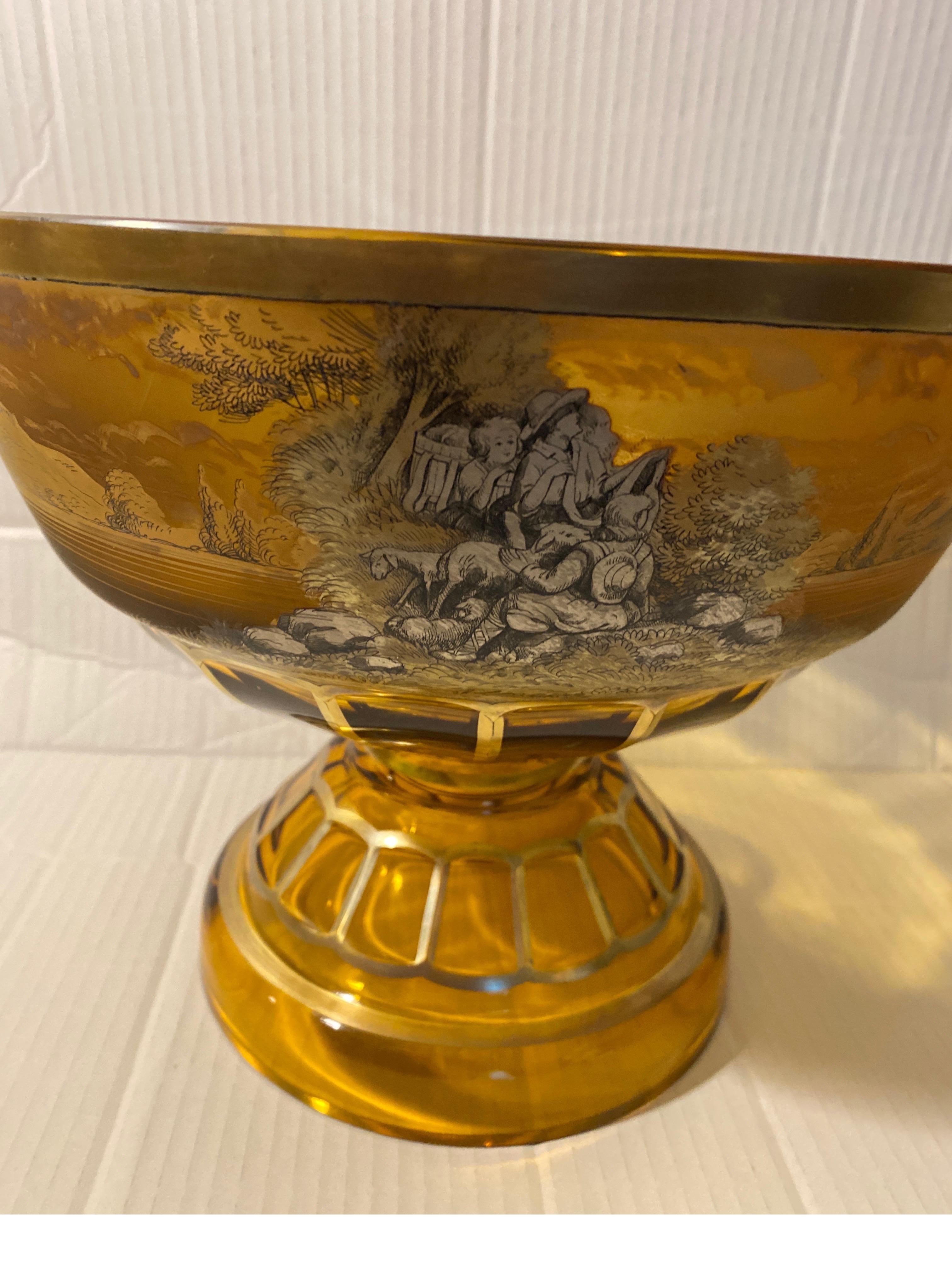 An early 20th century panel cut amber crystal bowl by Anton Kusak, The bowl with painted Platinum and gold decoration. It has a shepherd scene peasant women and more painted decoration around the bowl Kusak emigrated from Europe and started the