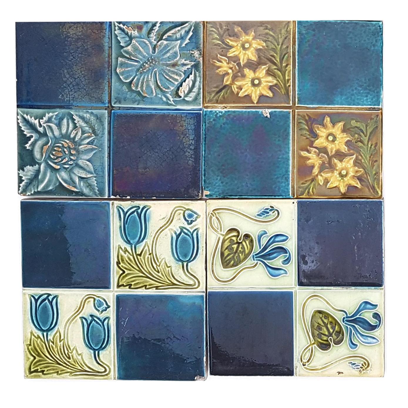 Panel of 16 Authentic Glazed Jugendstil Relief Tiles, circa 1930s 5