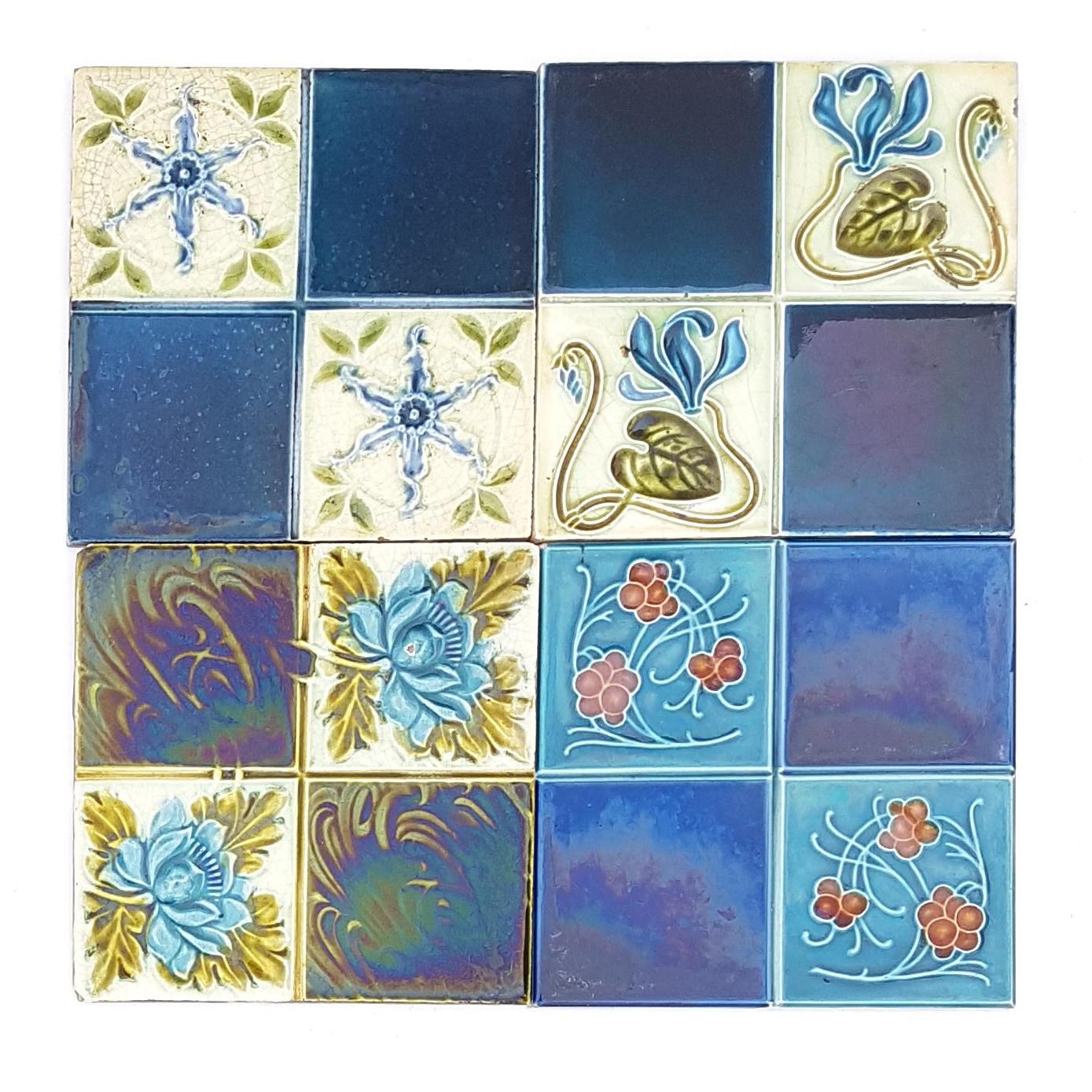 Panel of 16 Authentic Glazed Jugendstil Relief Tiles, circa 1930s 6