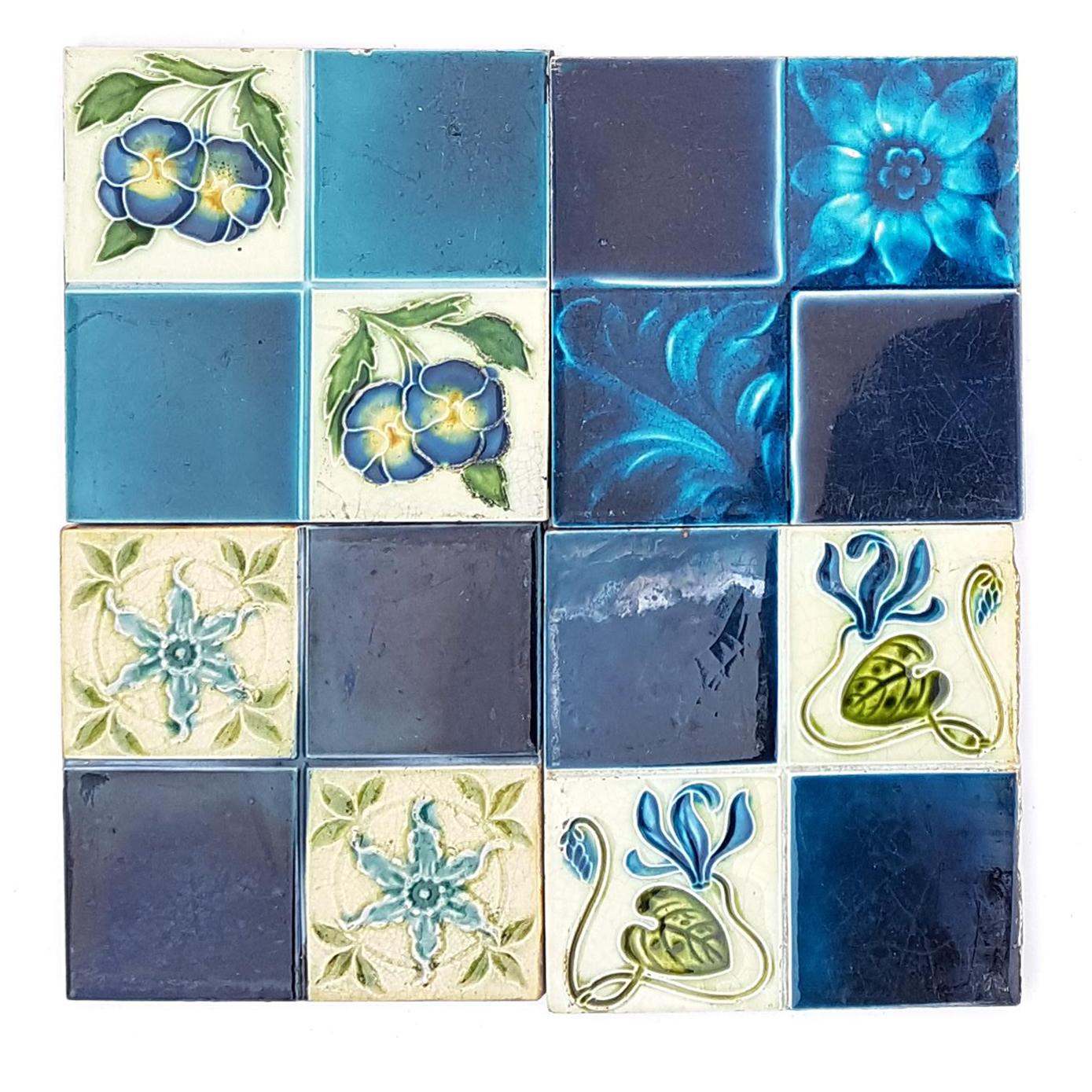 Panel of 16 Authentic Glazed Jugendstil Relief Tiles, circa 1930s 7