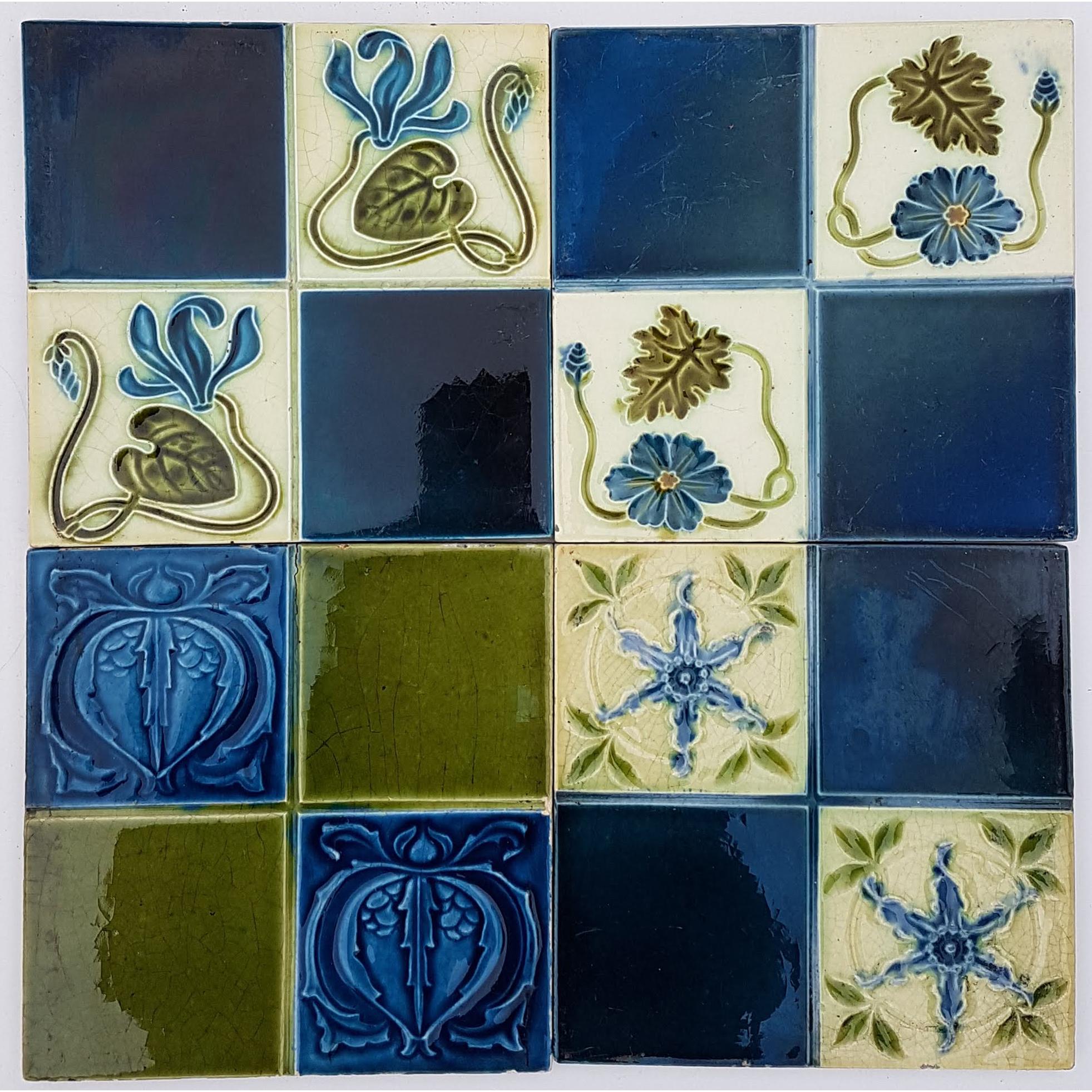 Panel of 16 Authentic Glazed Jugendstil Relief Tiles, circa 1930s 8
