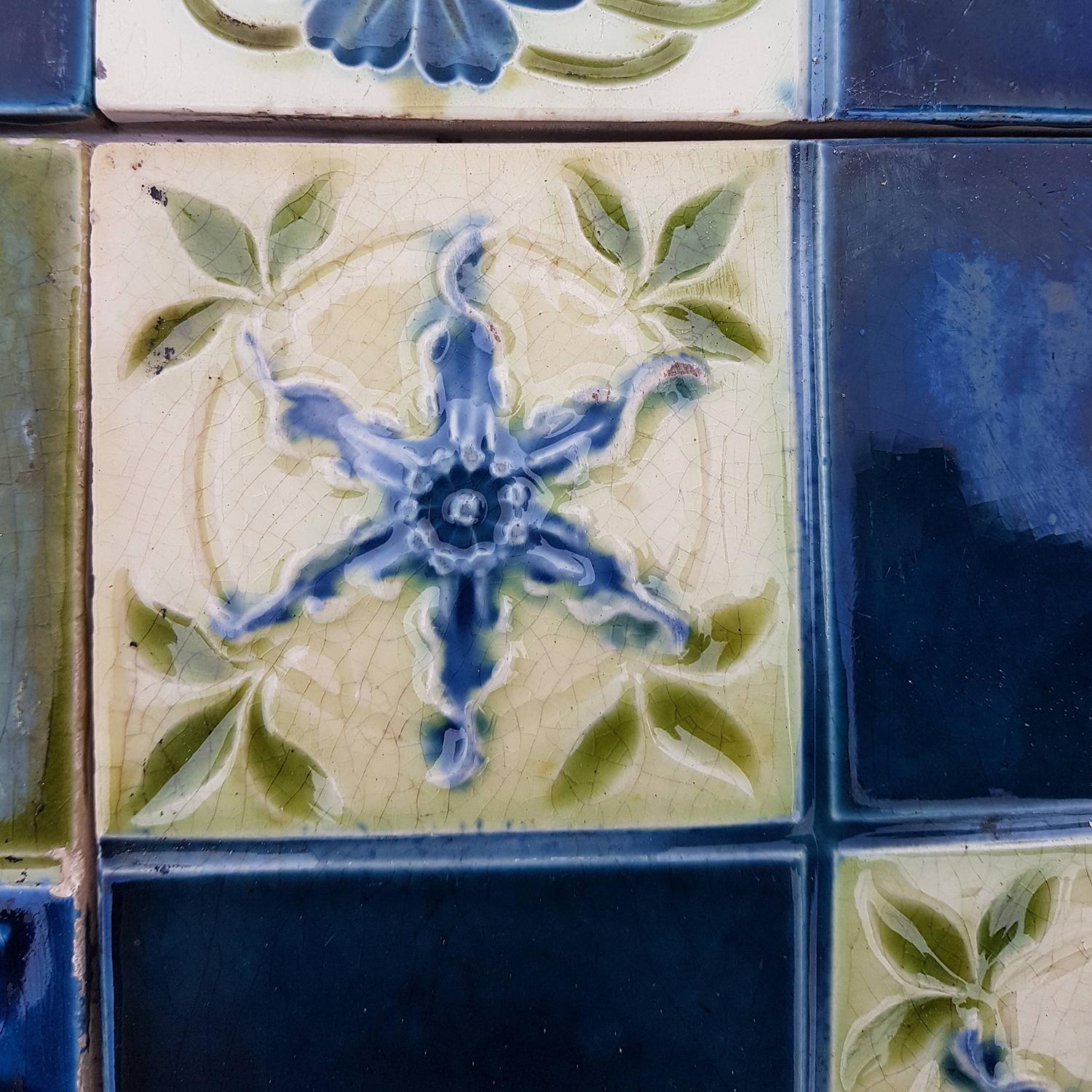 Panel of 16 Authentic Glazed Jugendstil Relief Tiles, circa 1930s In Good Condition In Rijssen, NL