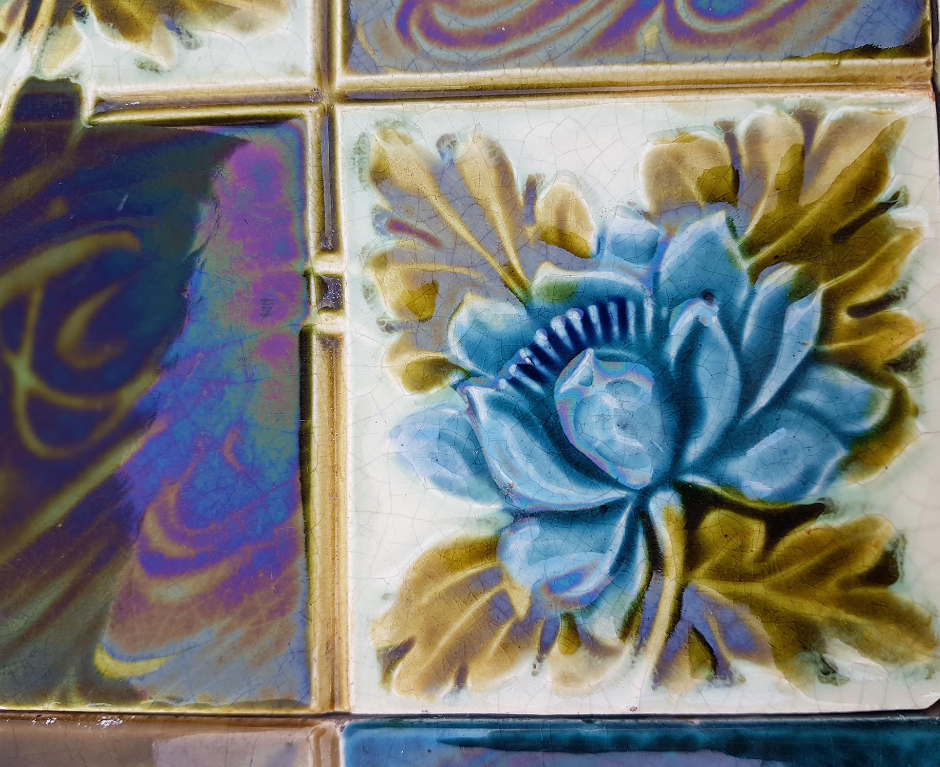 Mid-20th Century Panel of 16 Authentic Glazed Jugendstil Relief Tiles, circa 1930s