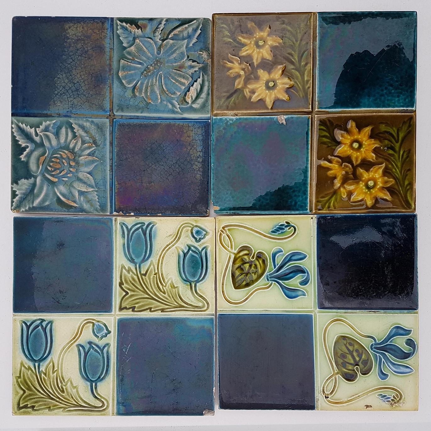 Panel of 16 Authentic Glazed Jugendstil Relief Tiles, circa 1930s 3