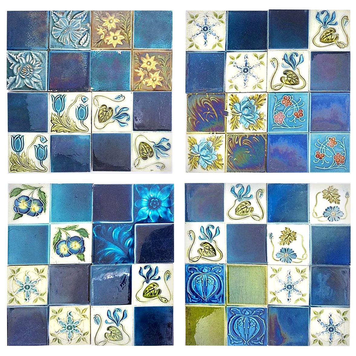 Panel of 16 Authentic Glazed Jugendstil Relief Tiles, circa 1930s