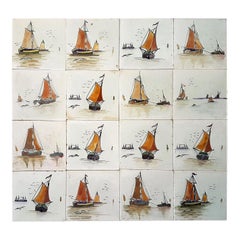 Panel of 16 Old French Hand Painted Tiles by Helman, 1930s