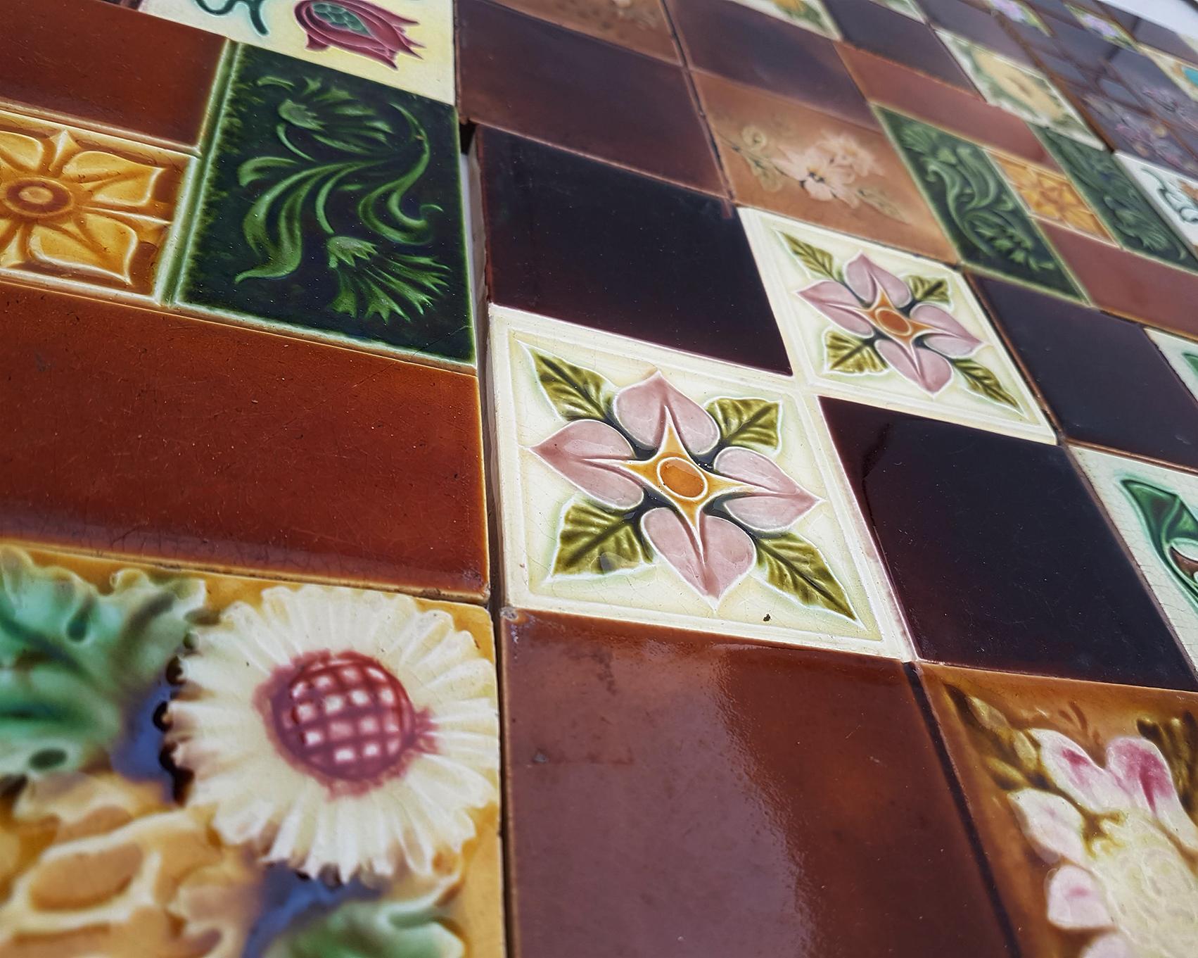 This is an amazing set of Art Jugenstil handmade tiles. A beautiful relief and color. With a different stylized design, on a brown ground, these tiles would be charming displayed on easels, framed or incorporated into a custom tile design

Size