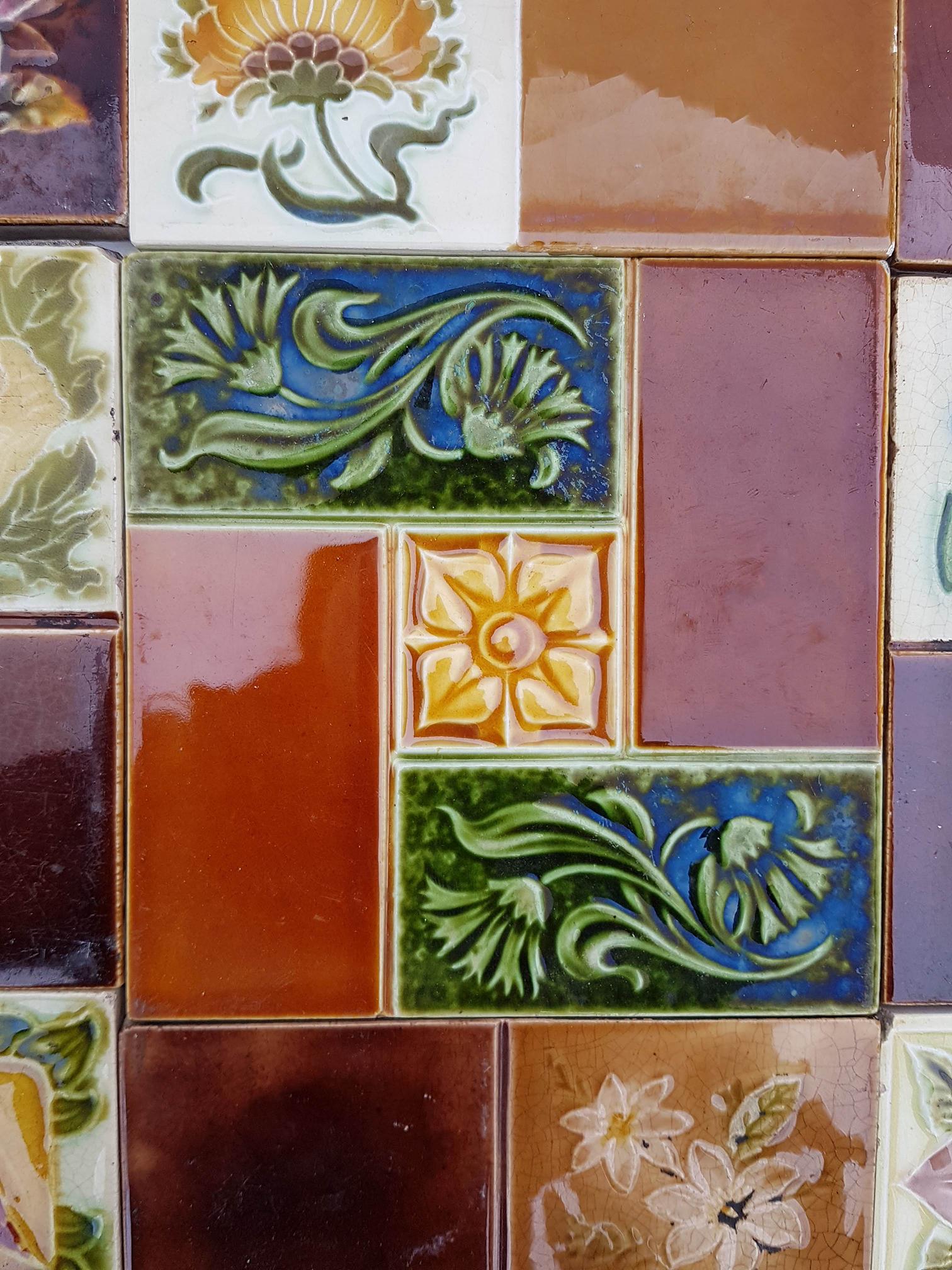Glazed Panel of 25 Authentic Handmade Jugendstil Relief Tiles, France, circa 1930