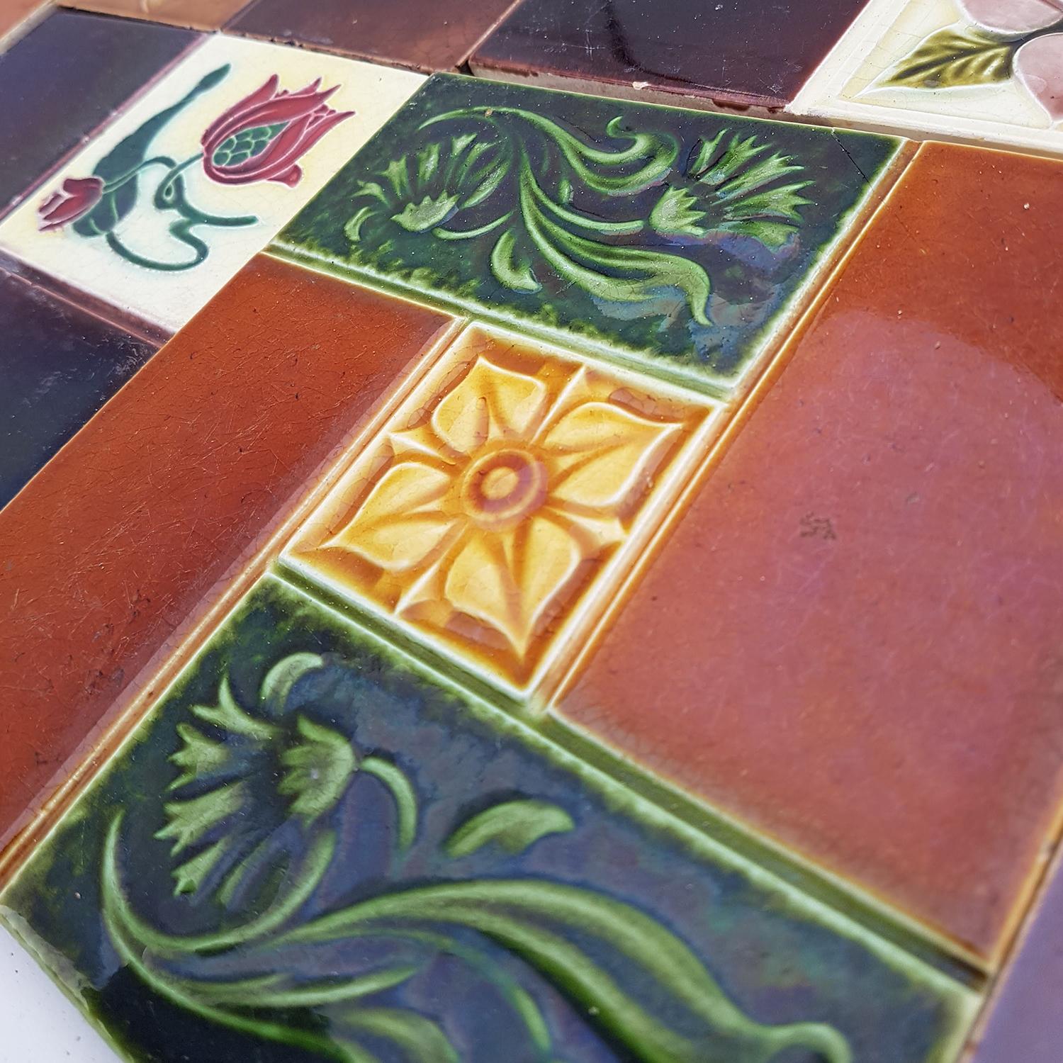 Ceramic Panel of 25 Authentic Handmade Jugendstil Relief Tiles, France, circa 1930