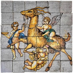 Panel of Majolica Tiles with Goat and Putti End 19th Century