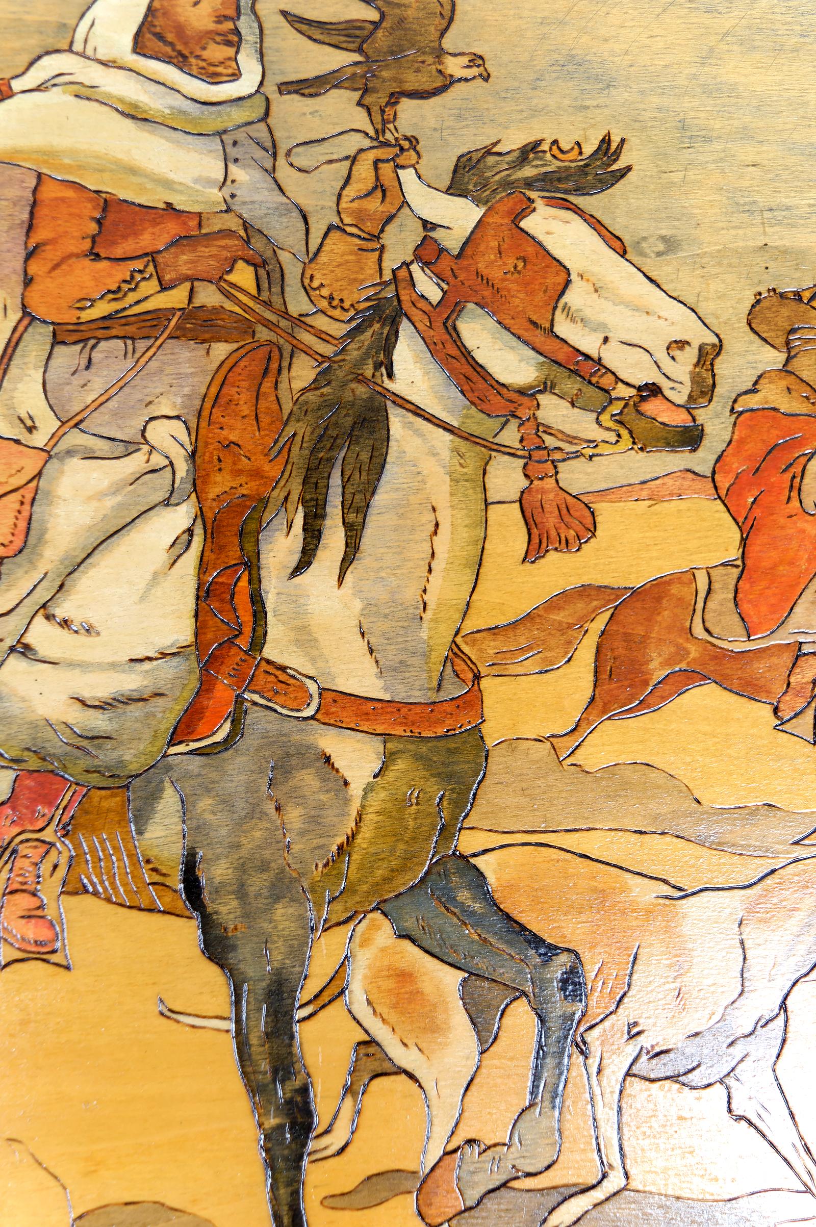 Tafel / Orientalische Pyrographie: Arabische Reiter auf der Jagd mit Falken und Hunden (Französisch) im Angebot