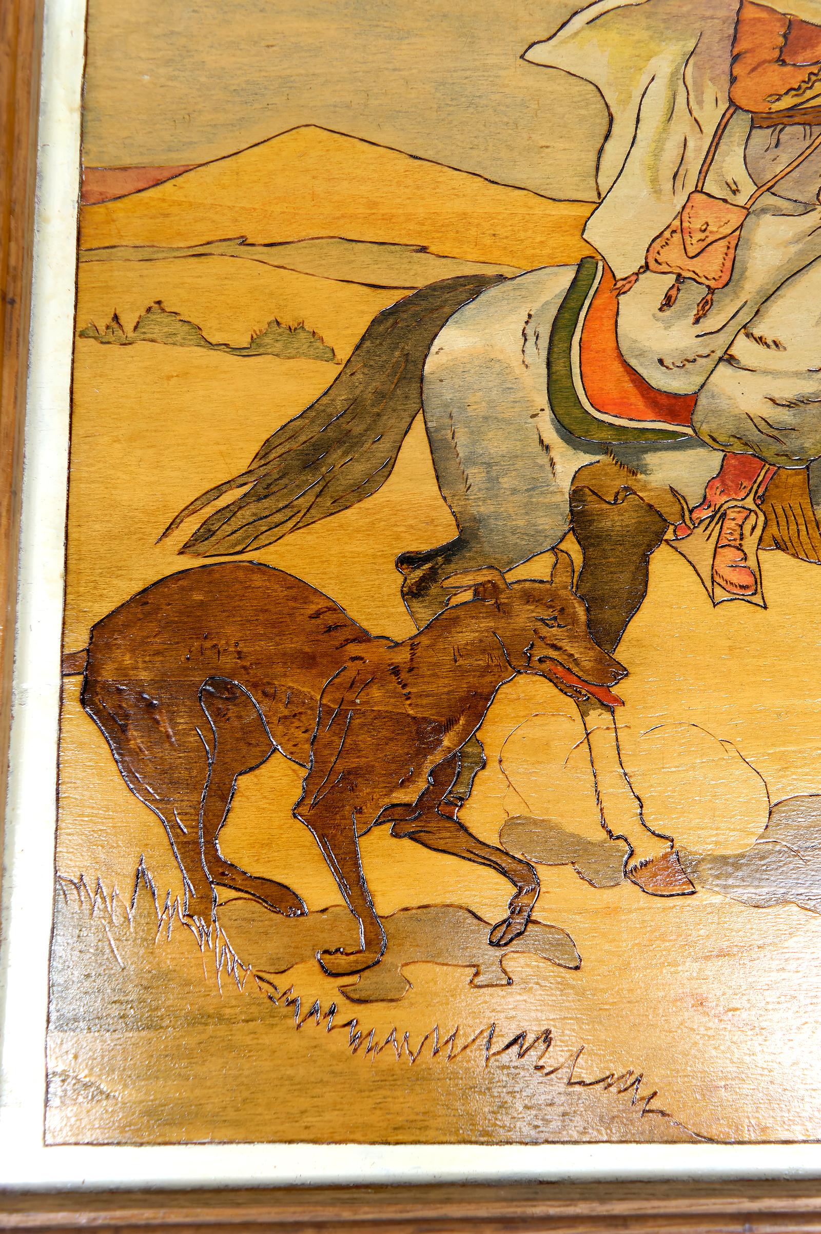 Tafel / Orientalische Pyrographie: Arabische Reiter auf der Jagd mit Falken und Hunden im Zustand „Gut“ im Angebot in VÉZELAY, FR
