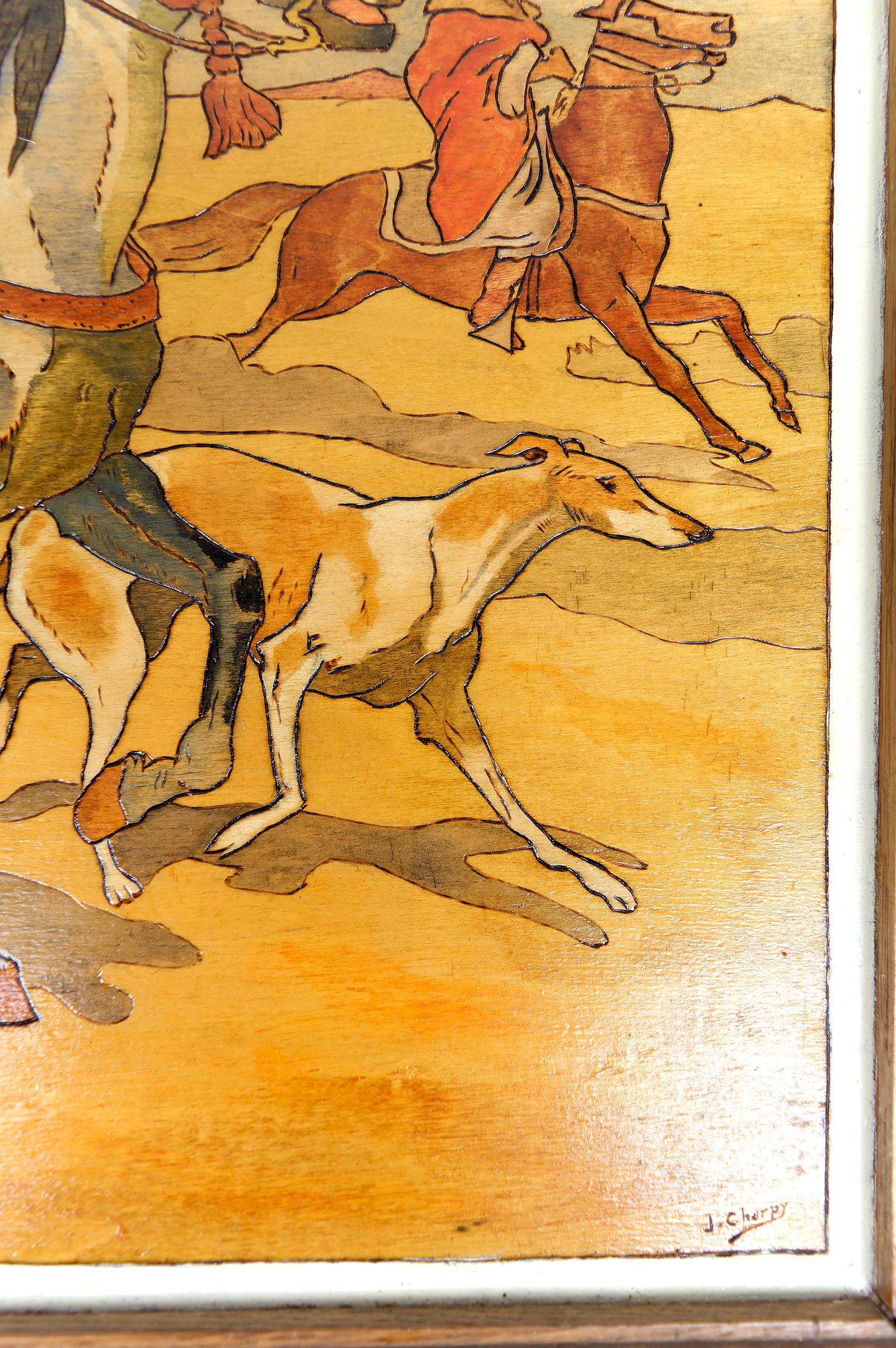 Tafel / Orientalische Pyrographie: Arabische Reiter auf der Jagd mit Falken und Hunden (Frühes 20. Jahrhundert) im Angebot