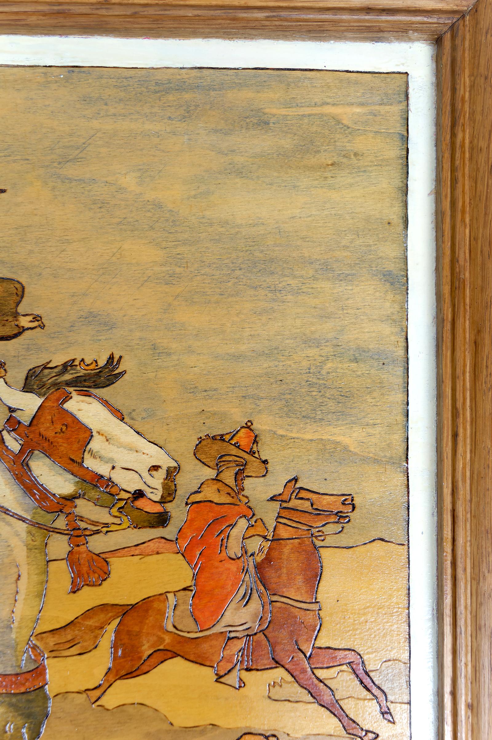 Tafel / Orientalische Pyrographie: Arabische Reiter auf der Jagd mit Falken und Hunden (Holz) im Angebot