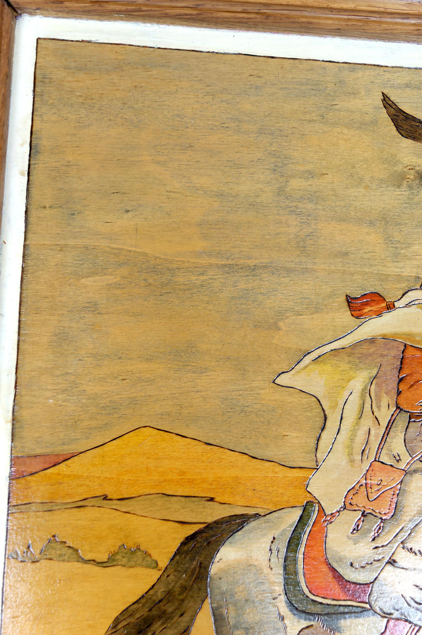 Tafel / Orientalische Pyrographie: Arabische Reiter auf der Jagd mit Falken und Hunden im Angebot 1