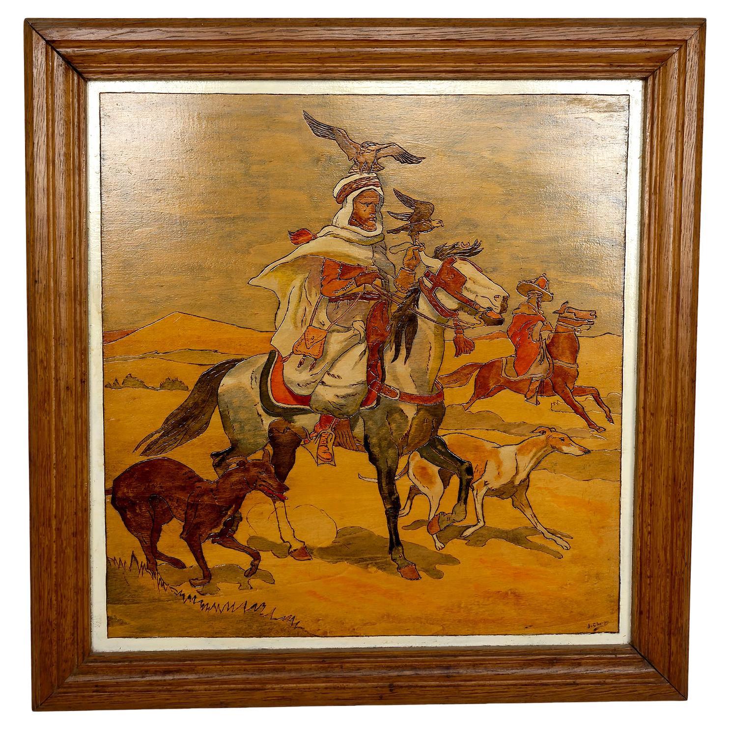Tafel / Orientalische Pyrographie: Arabische Reiter auf der Jagd mit Falken und Hunden im Angebot