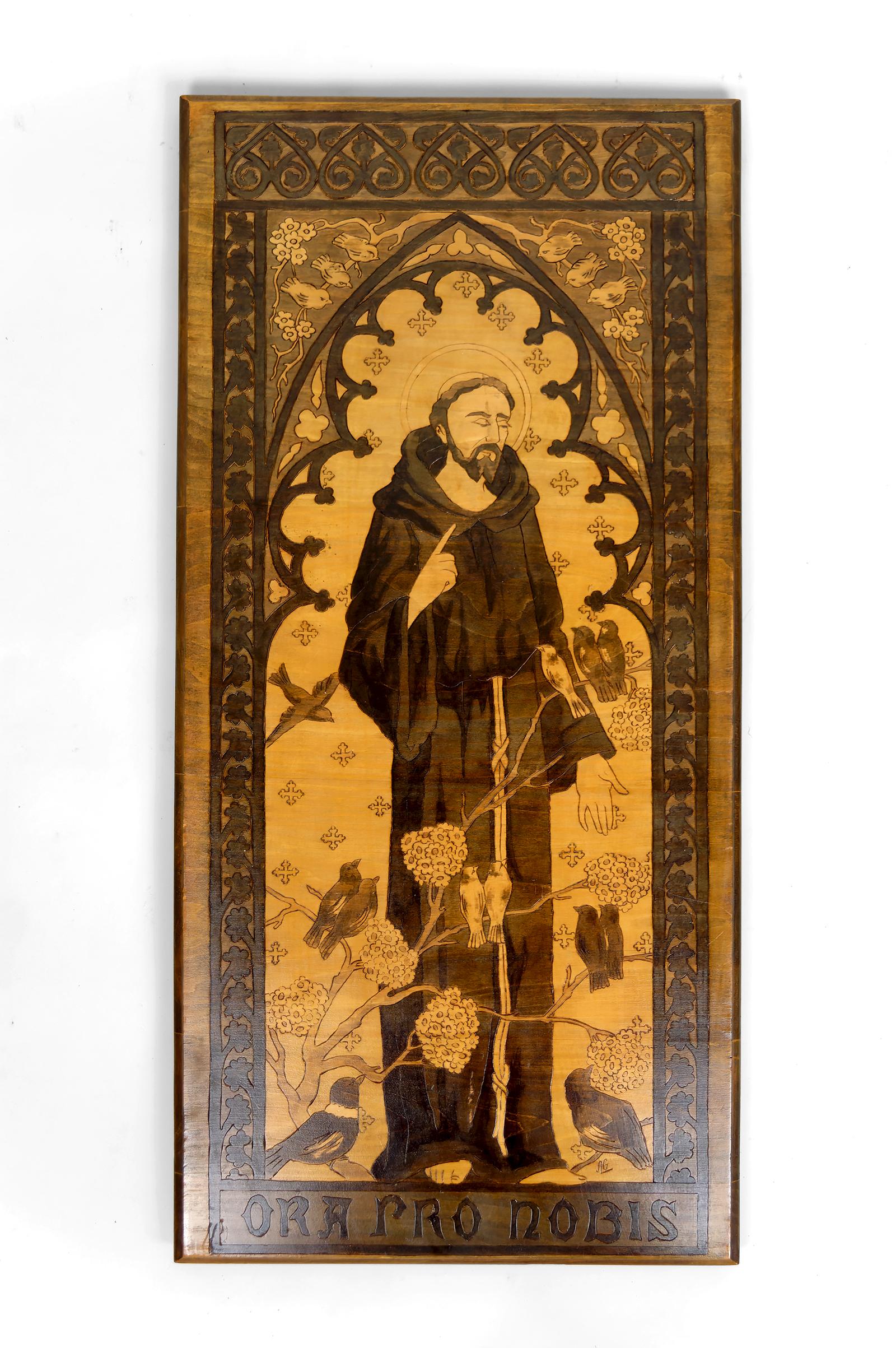 Tafel / Pyrographie, Religiöses Thema: Der heilige Franziskus spricht zu den Vögeln, Gotischer Jugendstil, Anfang 20.

Diese große pyrografische Tafel stellt den heiligen Franz von Assisi dar, erkennbar an seinem einfachen, mit einer Schnur